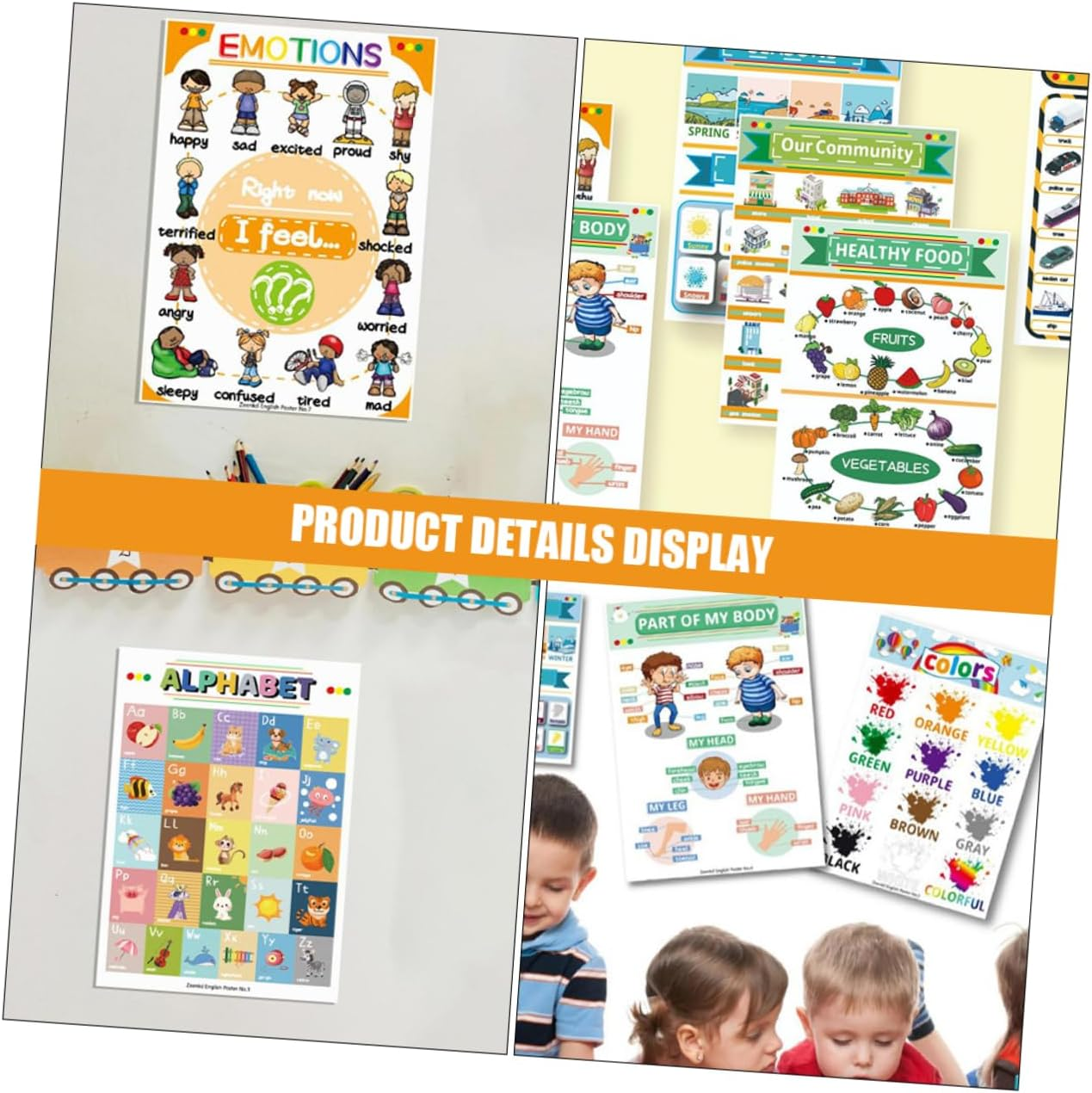 FUNOMOCYA 12Sheets Educational Preschool Posters Wear-Resistant English Learning Wall Charts for Boy Girl Teaching Tools for Homeschooling Kindergarten and Nursery Activities image number 2