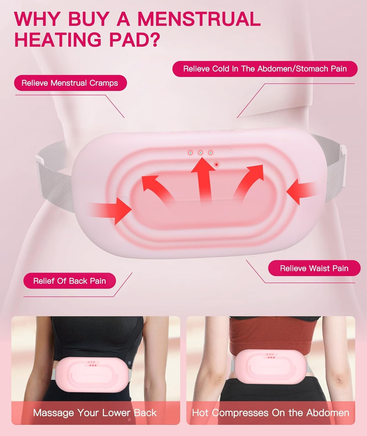 Heating Pads for Cramps, Portable Cordless Menstrual Heating Pad for Period Pain Relief, Back or Belly Fast Heating Pad with 3 Heat Levels and 3 Vibrations Modes for Girls Women image number 3