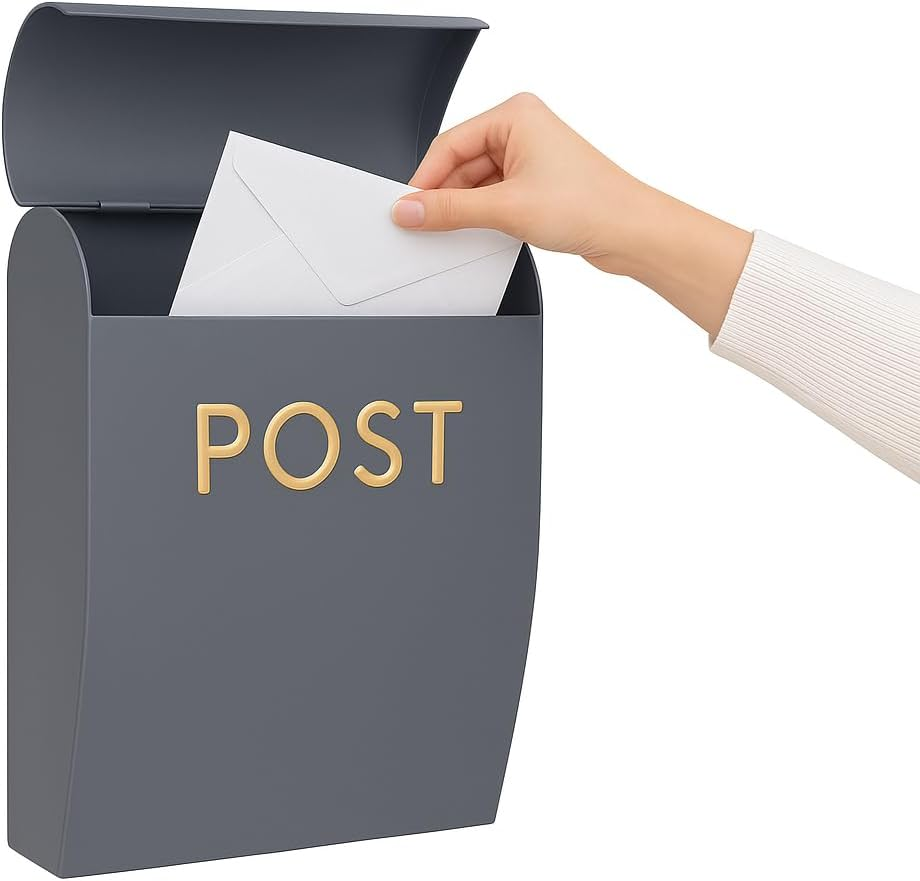 Assorted Collections Grey Post Box Wall Mounted Letterbox with Easy Access No Lock for Outdoor Use - Weatherproof and Durable Mailbox Easy Installation, Strong Construction (Large)