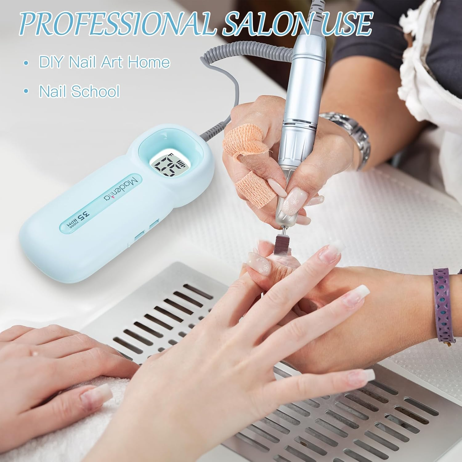 Madenia Rechargeable Electric Nail Drill Professional Portable E File Machine for Acrylic Gel Nails, Cordless Manicure Pedicure Polishing Tools, Blue image number 6