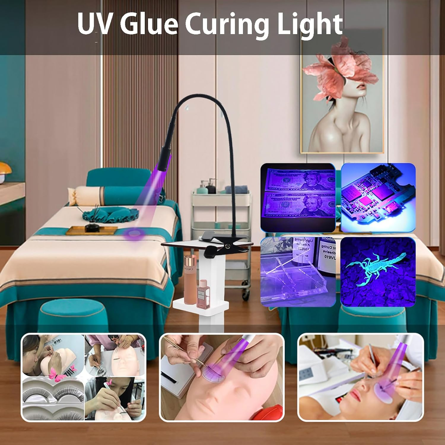 Uv Light UV Eyelash Extension Lamp 5W Flexible Gooseneck UV Nail Lamp 395 to 400Nm USB Charging UV Lash Light with Adjustable Spot Size UV Gel Curing Lamp with Clamp & Foot Pedal Switch image number 3