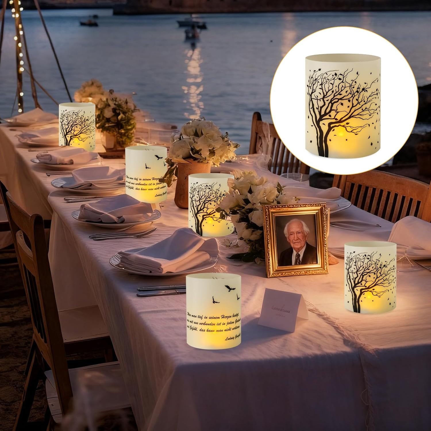 Table Decoration Funeral, Seutgjie Funeral Candles with Saying Black and White Mourning Lantern with Engraving for Tea Lights or Candles image number 4