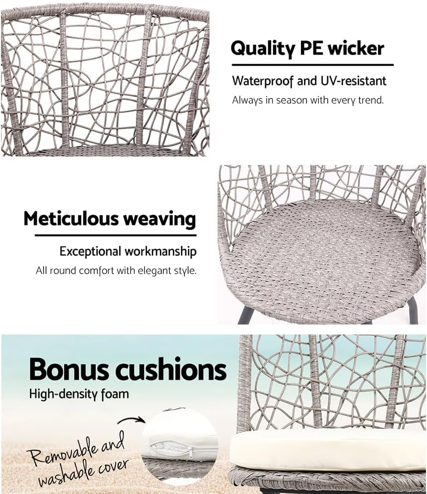 Gardeon 3Pcs Wicker Patio Furniture, Bistro Set Table and Chairs Outdoor Lounge Setting Conversation Sets Dining Chair Garden Backyard, Cushion with Rattan Coffee Table round Grey image number 6