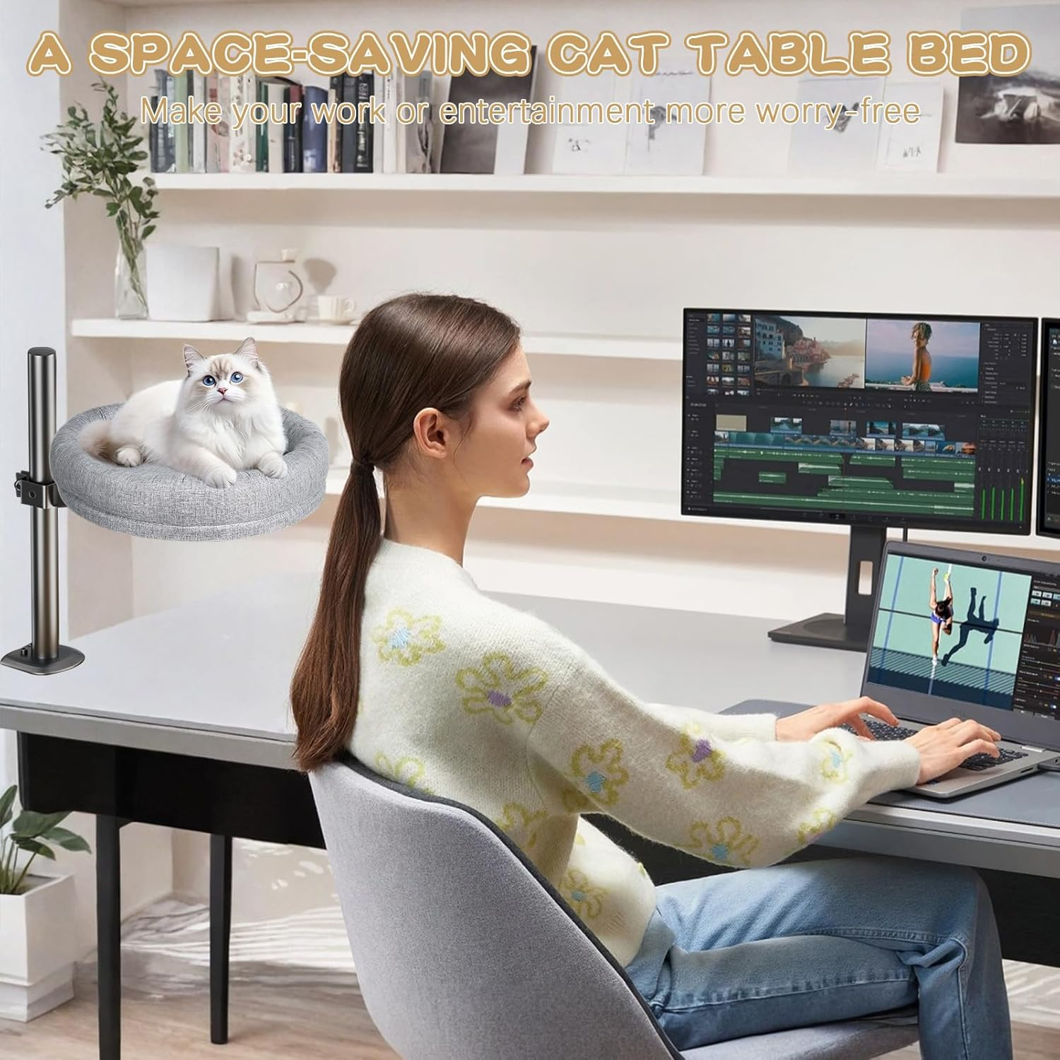 Xoxomeg Cat Bed for Desk, Desktop Pet Bed 360 Rotation & Adjustable Height, Soft & Comfortable Max Load 40 LBS for Home Office image number 6