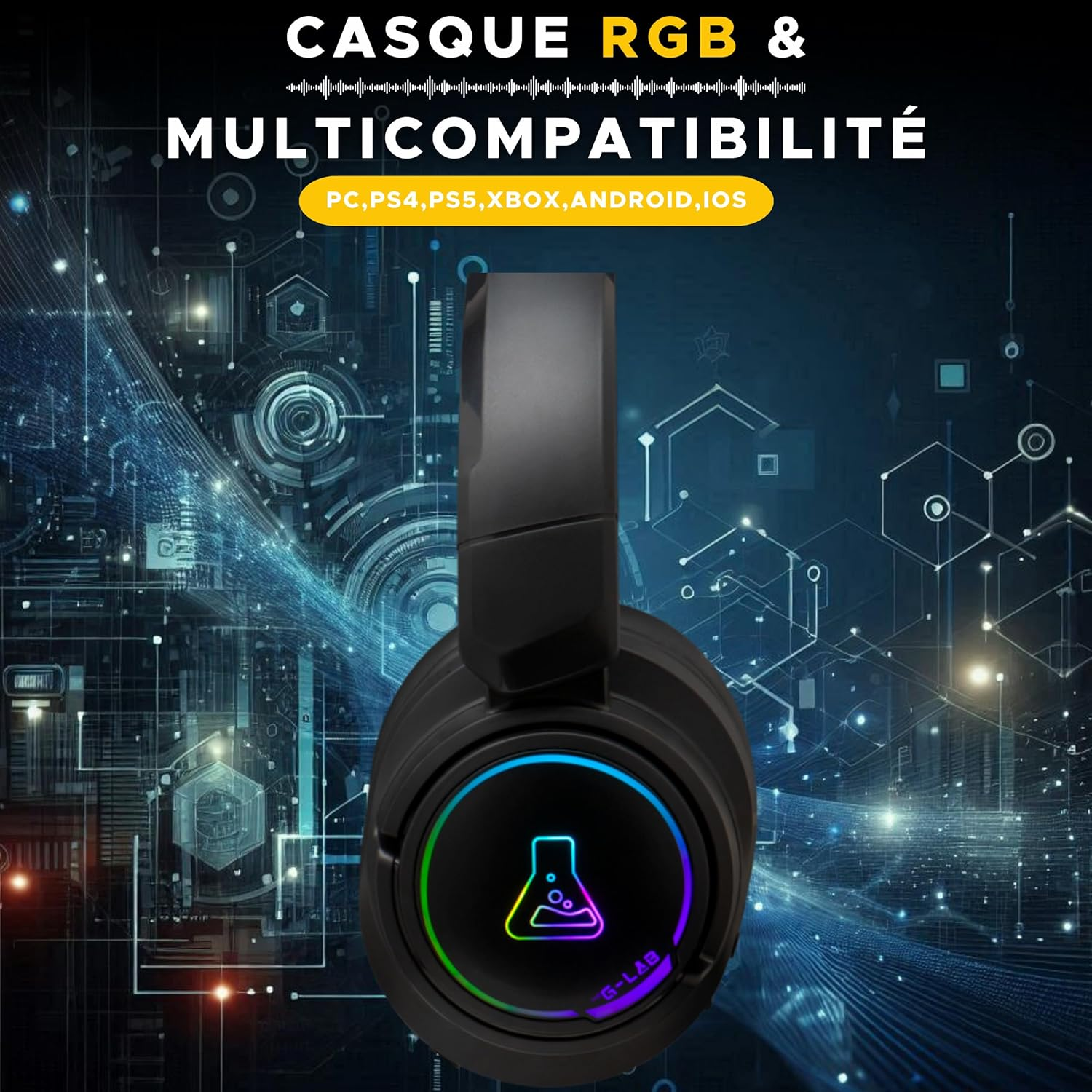 The G-Lab Korp Iridium - Gaming Headset Wireless 2.4Ghz & Bluetooth Audio Detachable Microphone 45 Hours Battery Life RGB Earbuds Faux Leather - Gaming Headset PS5 PS4 PC image number 2