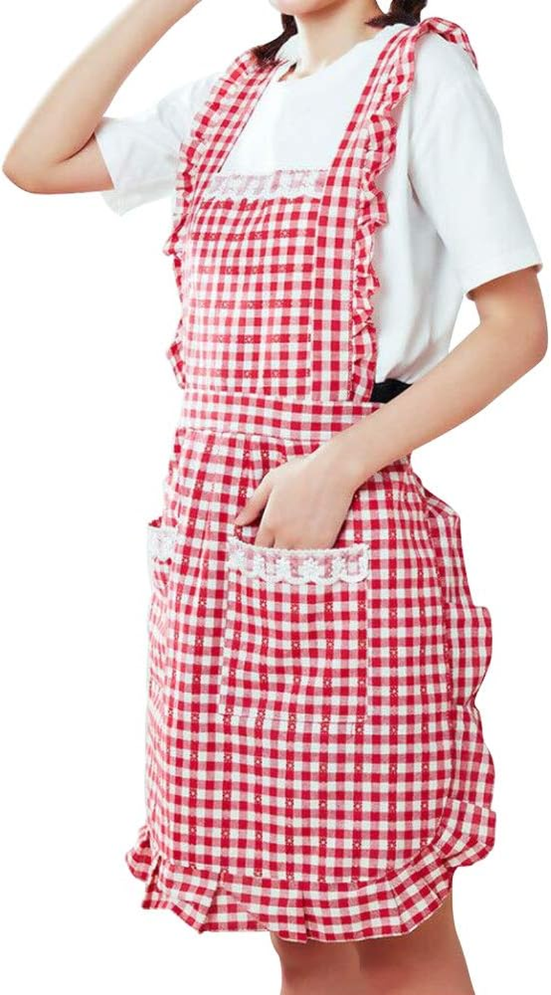 Gudgmtoy Cute Kitchen Aprons for Women with Pockets Adjustable Chef Apron Ladies Baking Cotton Frilly Aprons Pinafore Dress for Baking Cooking Mother Girls Birthday Gift Red, Red, F image number 3