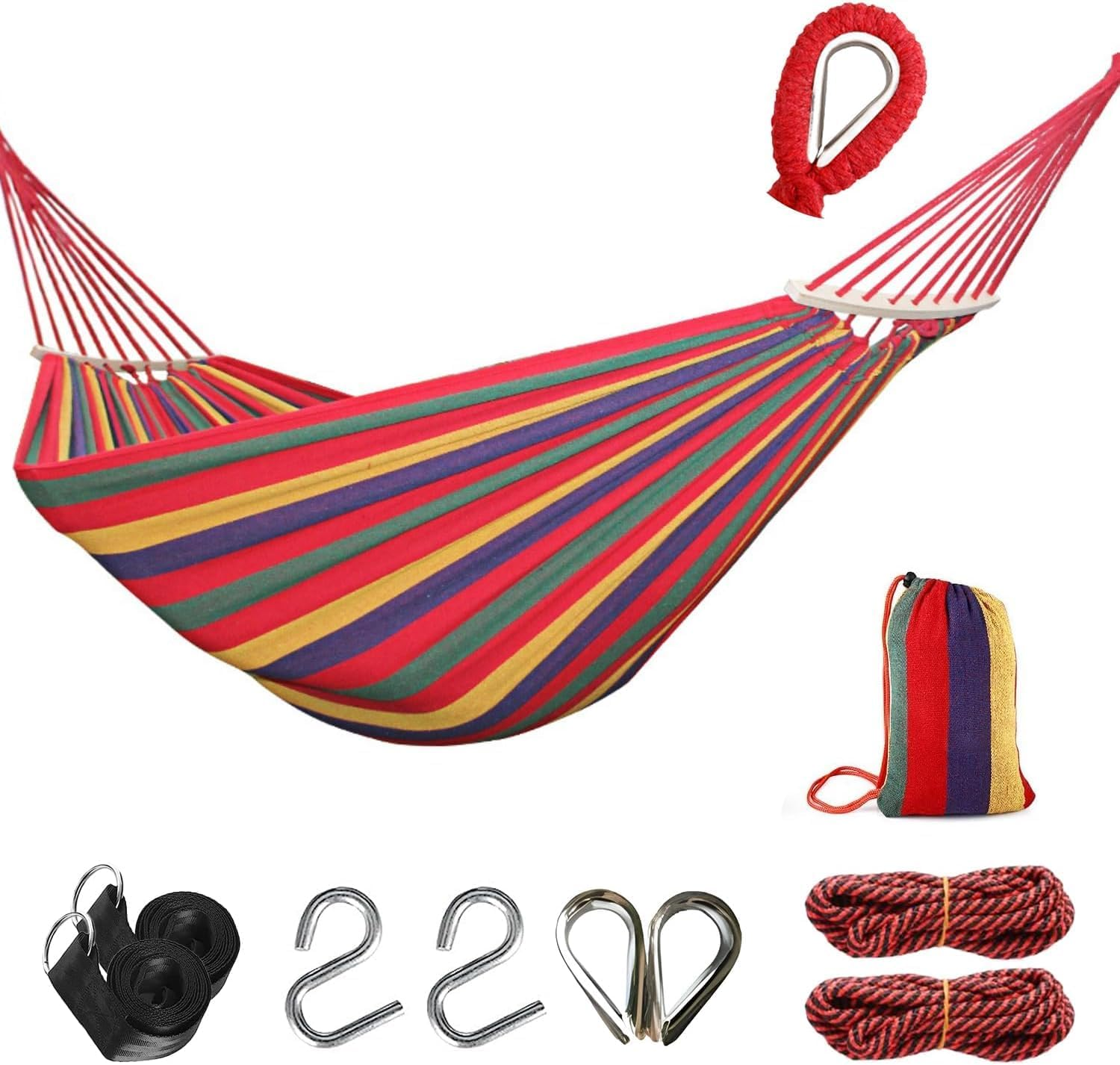 260 * 150Cm Double Hammock, Colorful anti Roll Hammock with 2 Curved Stick, Made of Soft Canvas without Stand, Replacement for Backyard, Porch, Outdoor and Indoor image number 4
