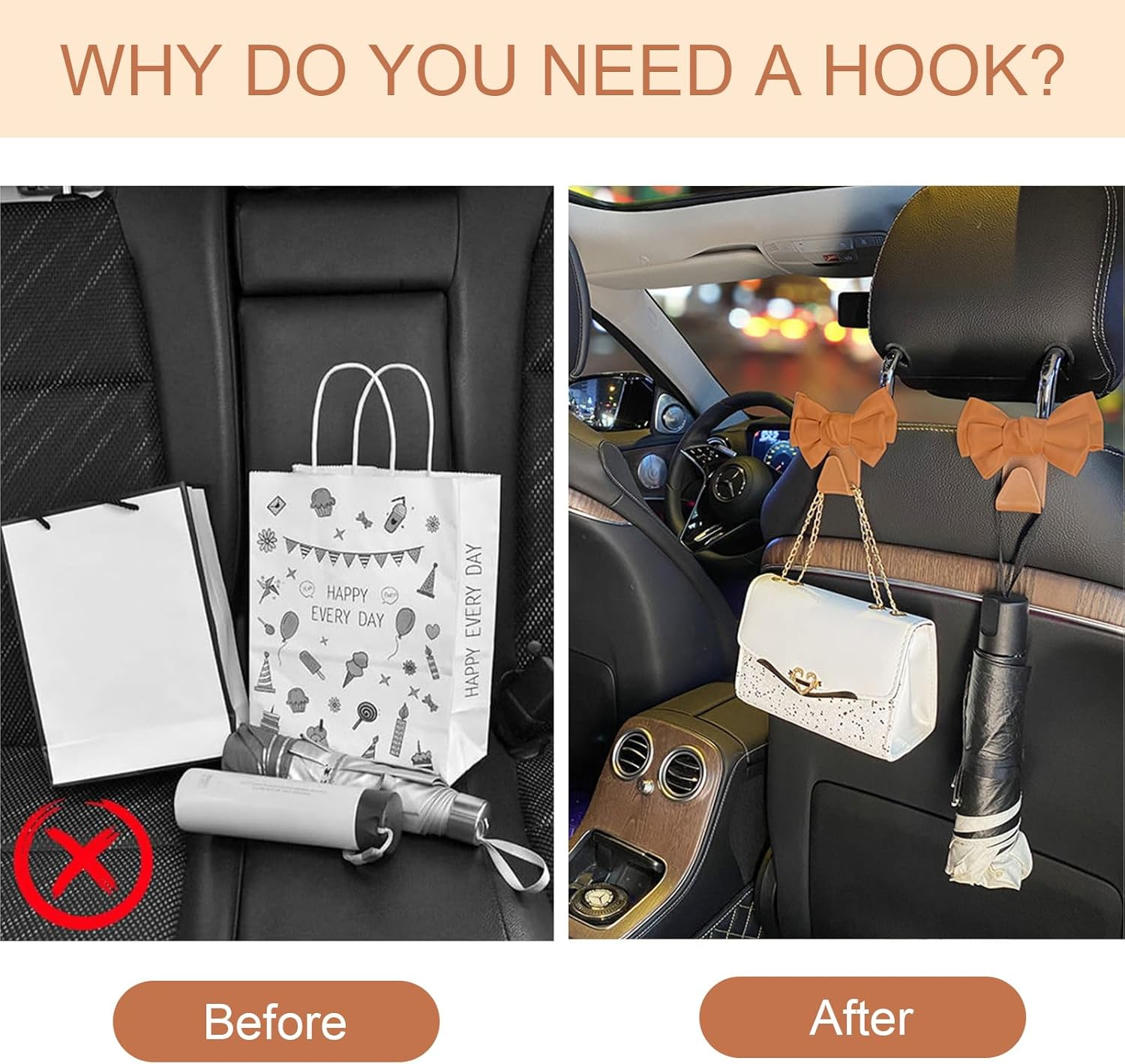 2 Pcs Car Back Seat Headrest Hooks, Elegant Stylish Leather Bow Car Hangers, Universal Rear Car Seat Storage Hook, Auto Interior Accessories for Handbag Purse Coat (Brown) image number 5