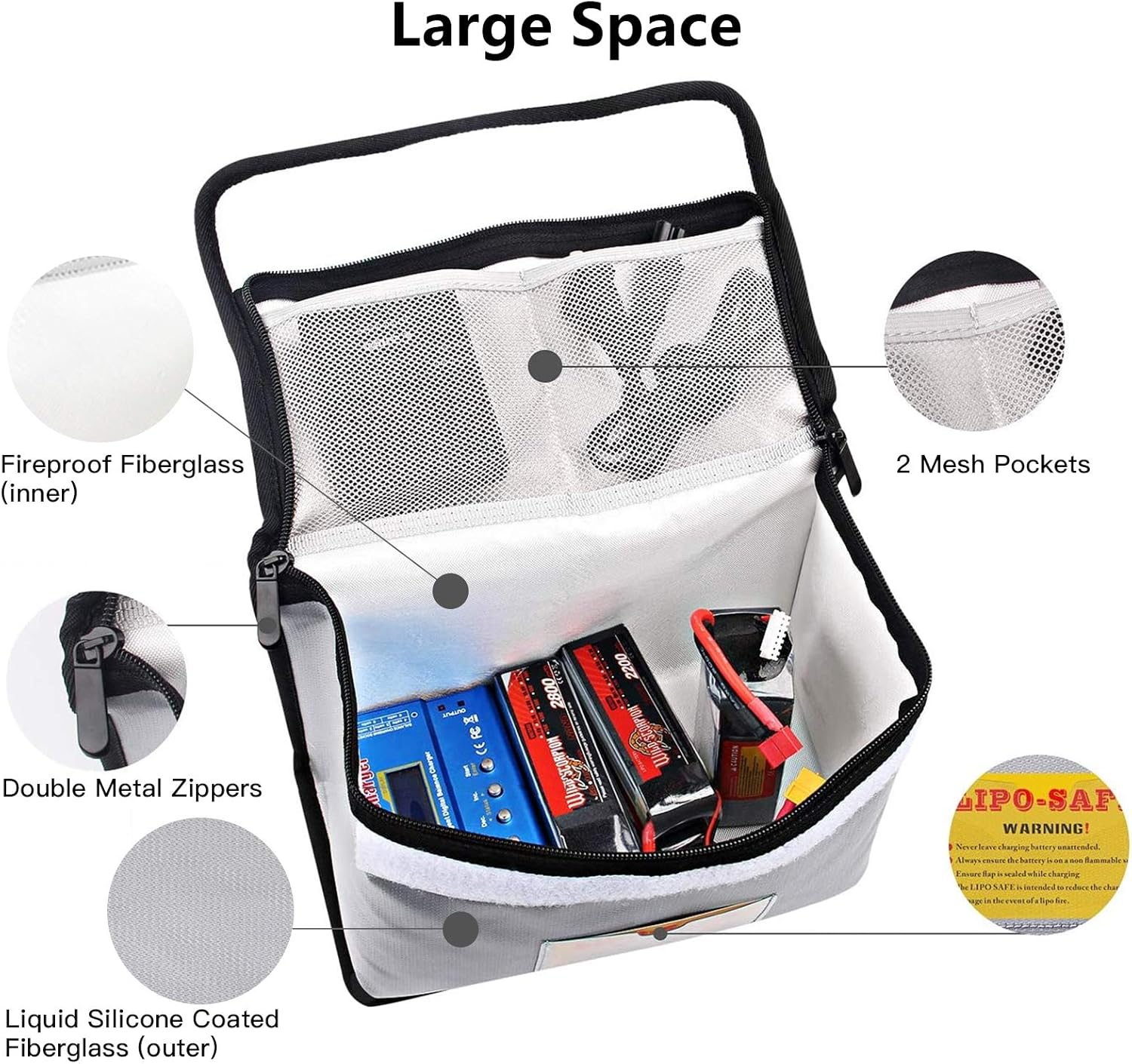 Lipo Bag, Portable Fireproof Explosionproof Lipo Battery Guard Safe Bag Large Storage Space for Battery Storage and Charging with Double Metal Zipper Case Pouch, 260 * 130 * 190Mm image number 5