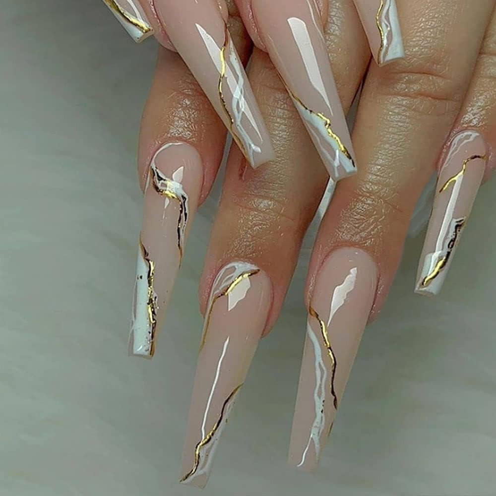 Yoyoee Press on Nails Long Coffin False Nails with Designs Swirl Full Cover Fake Nails Tips for Women and Girls 24Pcs image number 5