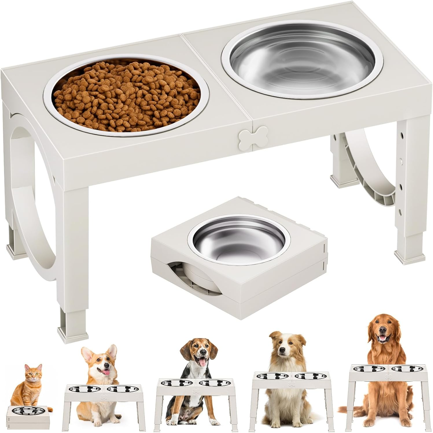 Elevated Dog Bowls for Medium Large Breed Dogs, 4 Height Adjustable Dog Raised Bowls Stand to 9.09", 10.63", 12.20", 13.78", 2 Thick Stainless Steel Dog Food Water Bowls, No Slip Dog Feeder, White