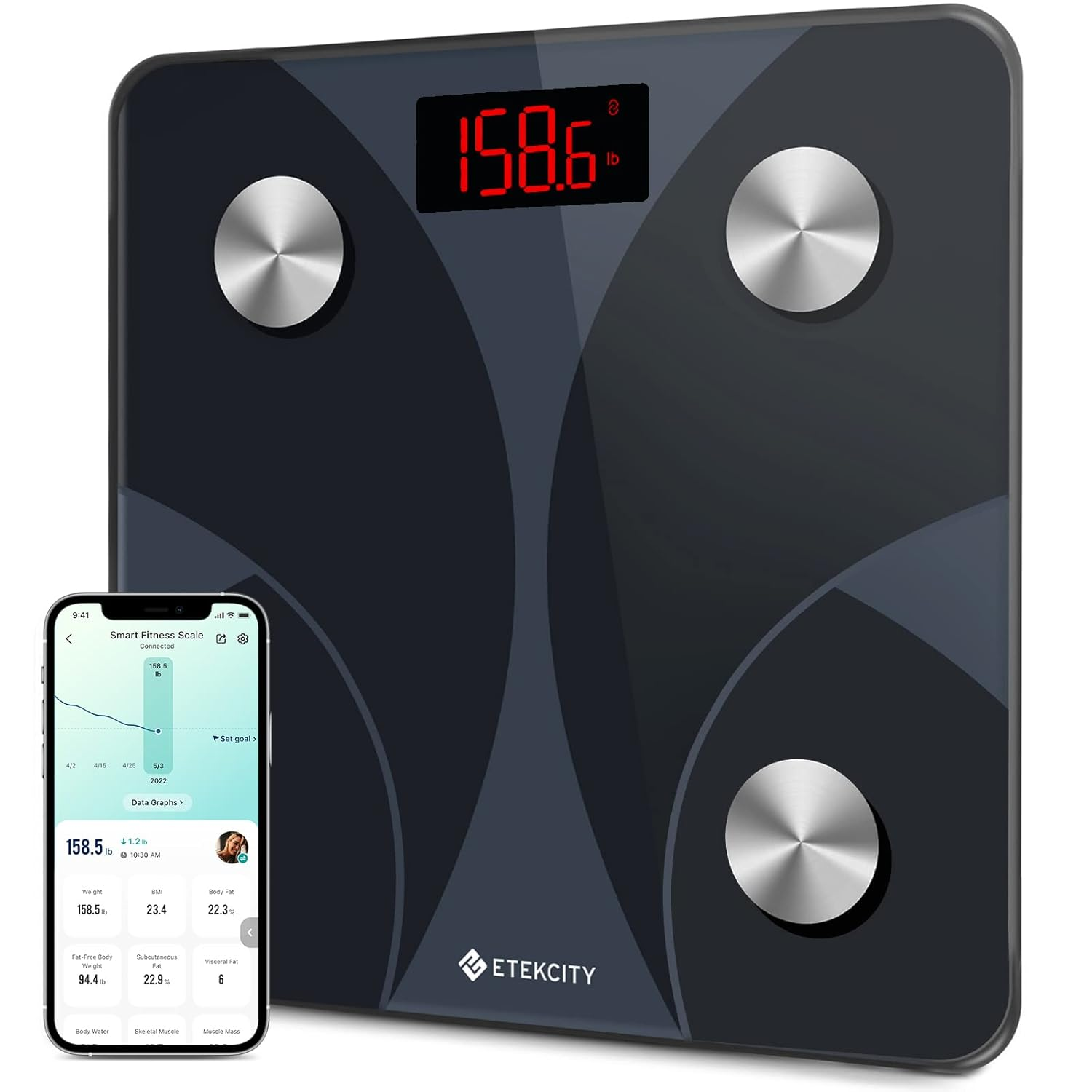 Etekcity Scale for Body Weight and Fat Percentage, FSA&HSA Eligible, Smart Digital LED Bathroom BMI Measurement, Accurate Bluetooth Weighing Machine, Body Composition Analyzer, Ash-Black, Fit 8S Black