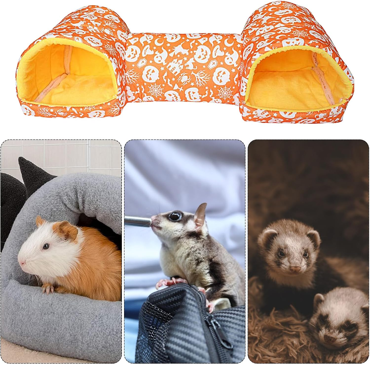 Ferret Tunnel - Soft Interactive Washable Christmas | Bunny Toys Hamsters Tunnels Tubes - for Chinchillas, Rabbits, Squirrels, Pets, Small Animals - Orange image number 2