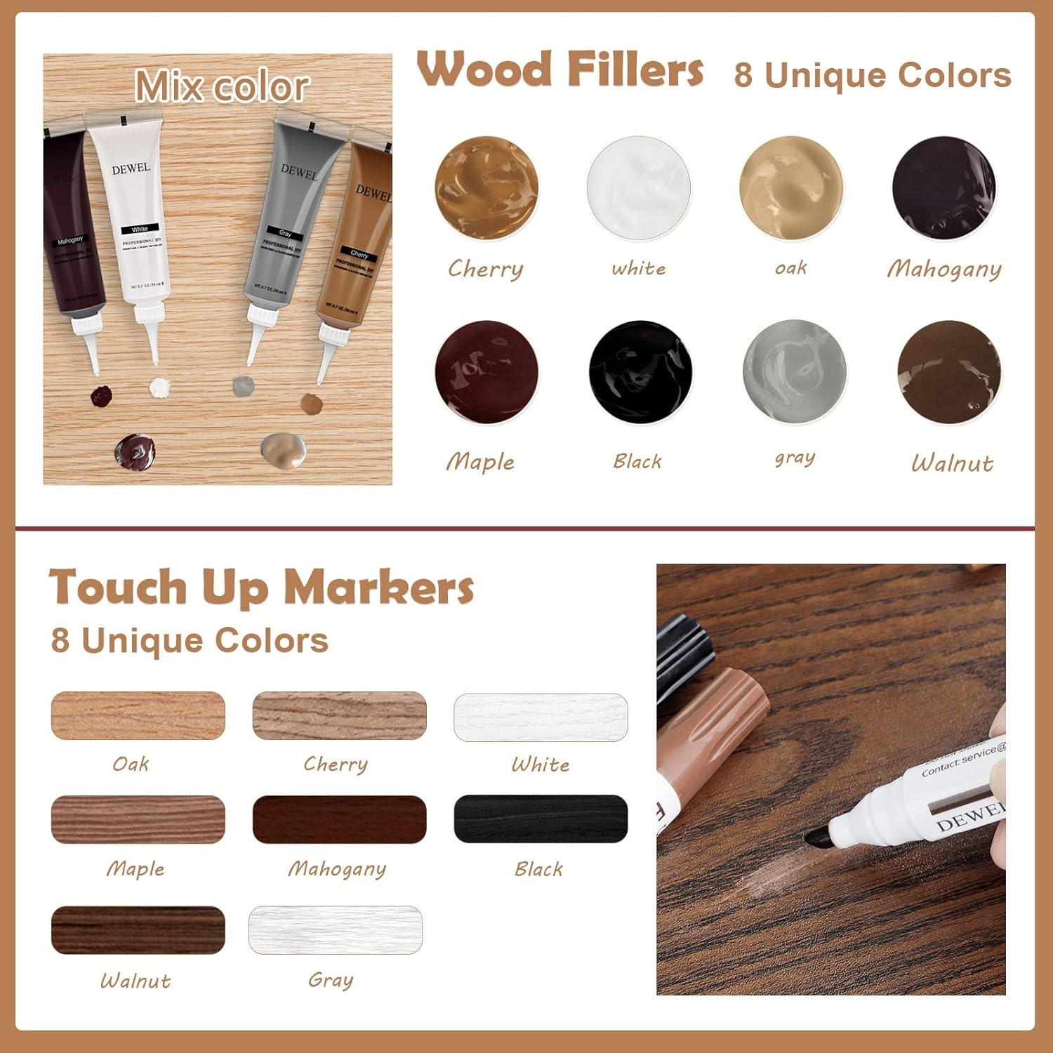 DEWEL Wood Furniture Repair Kit, Professional Wood Fillers and Furniture Touch up Markers Repair Stains, Scratches, Wood Floors, Tables, Cabinet, Carpenters, Bedposts image number 3