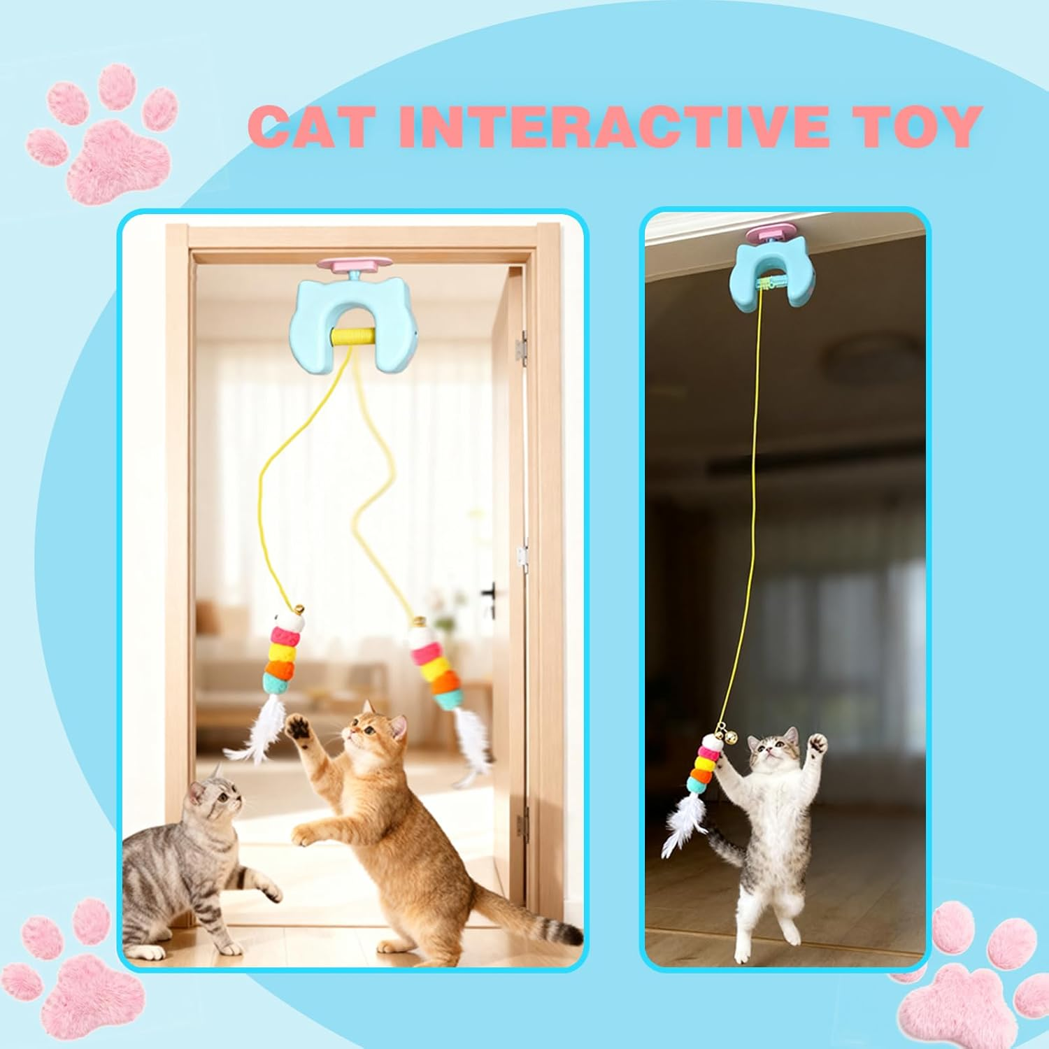 Upgraded Interactive Cat Toy with 2 Replaceable Feather Tops & 1.8M Long Rope | Hanging Toy for Door & Wall | Automatic Retractable Feather Toy for Indoor Cats | Kitten Chase Exercise Playing image number 1
