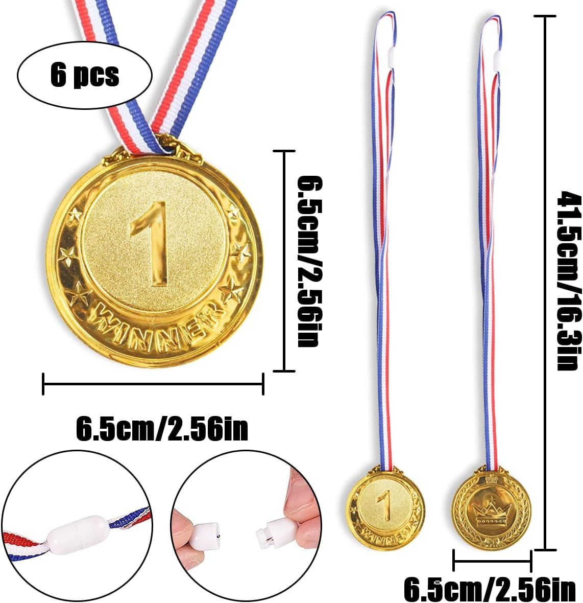 TEAONE Realistic Medals, 6 PCS Play Medals for Games, Competitions, Parties (6.55Cm/2.55In) image number 2