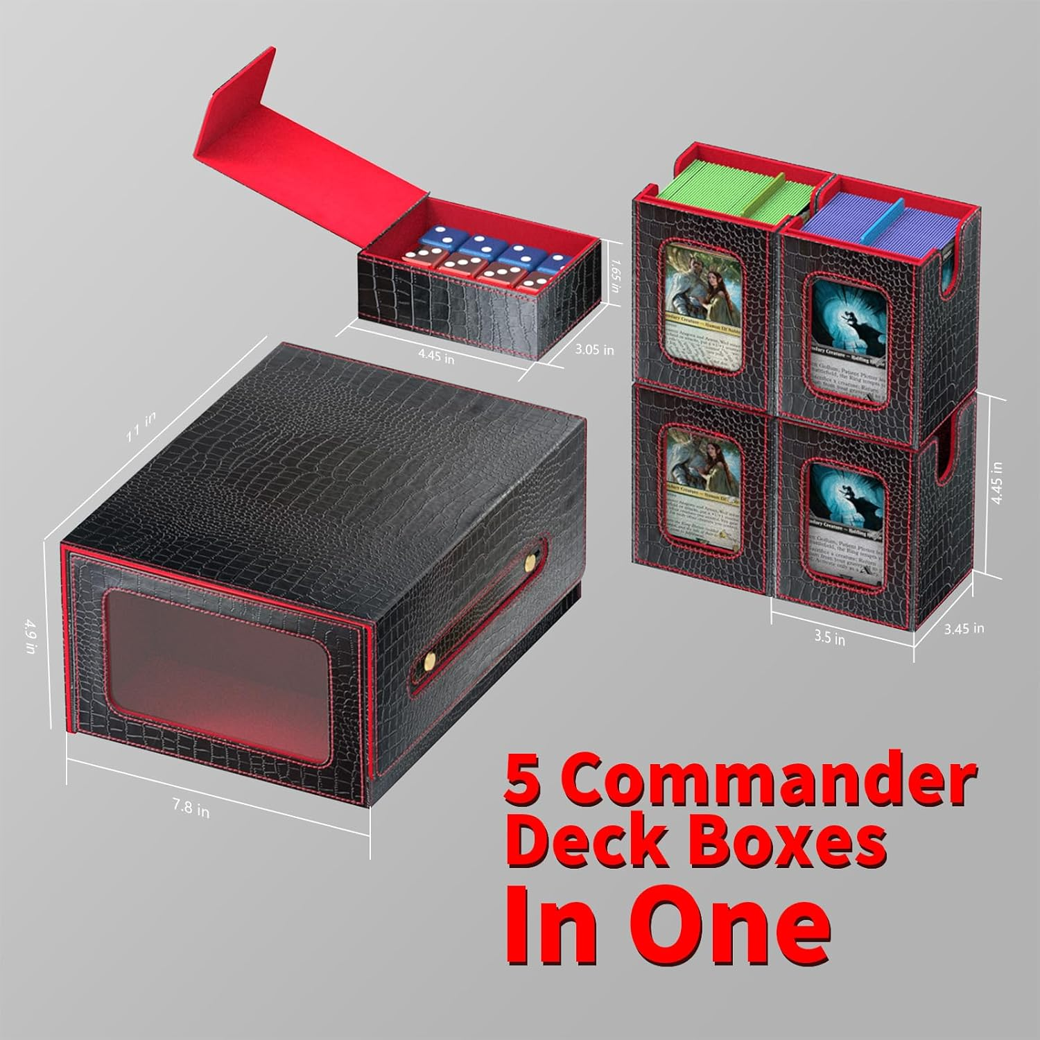 Cyperever Leather Trading Card Storage Box for MTG, Card Storage Box with Commander Deck Display, MTG Deck Box, TCG Sports Case, 4 Toploaders, 4 Stoppers, 10 Colorful Dividers (Black & Red) image number 3