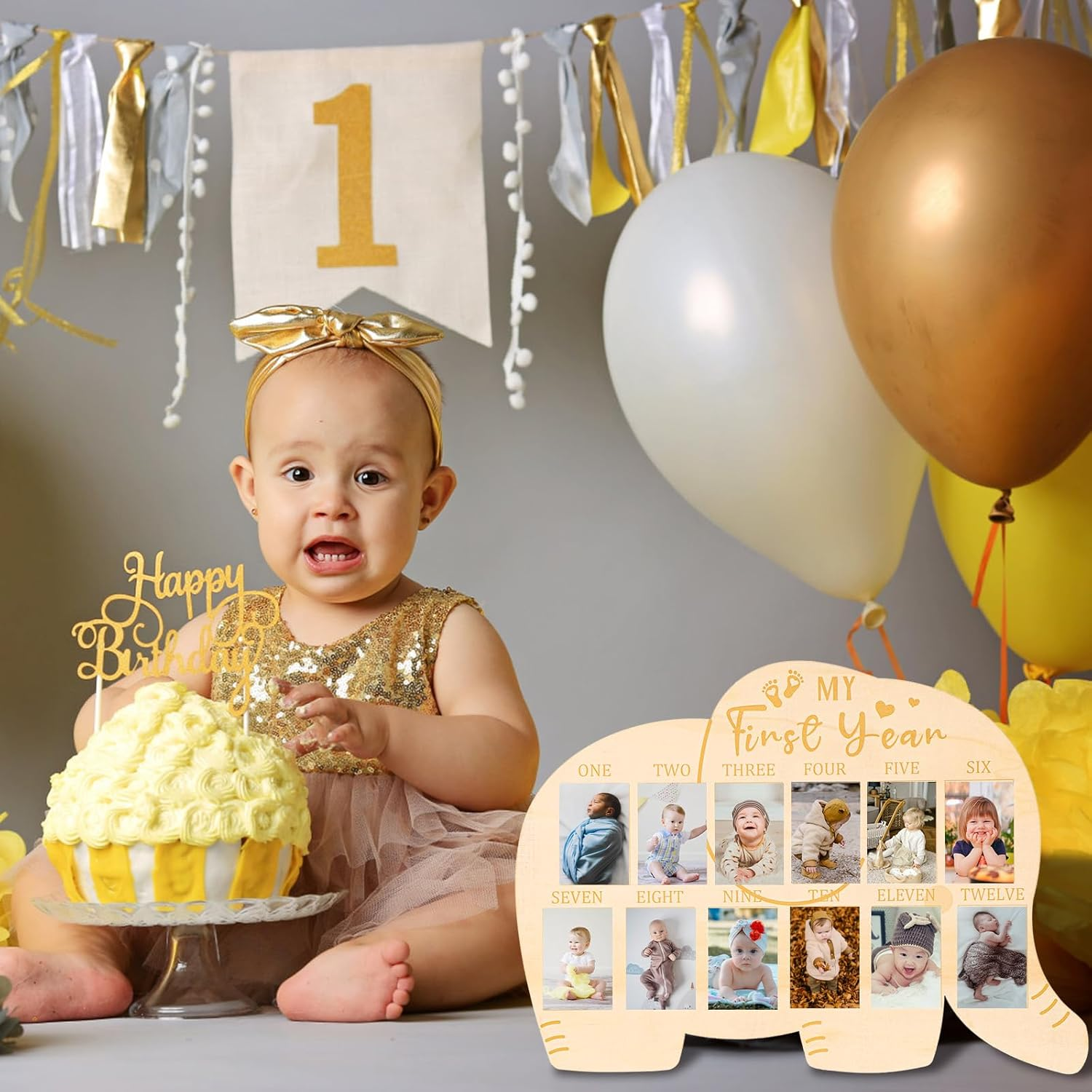 My First Year Photo Frame, Wooden 1St Birthday Picture Board 12 Months Baby Photo Display Elephant Shape Nursery Decoration Boys Girls Newborn Baby Mom Memories image number 1