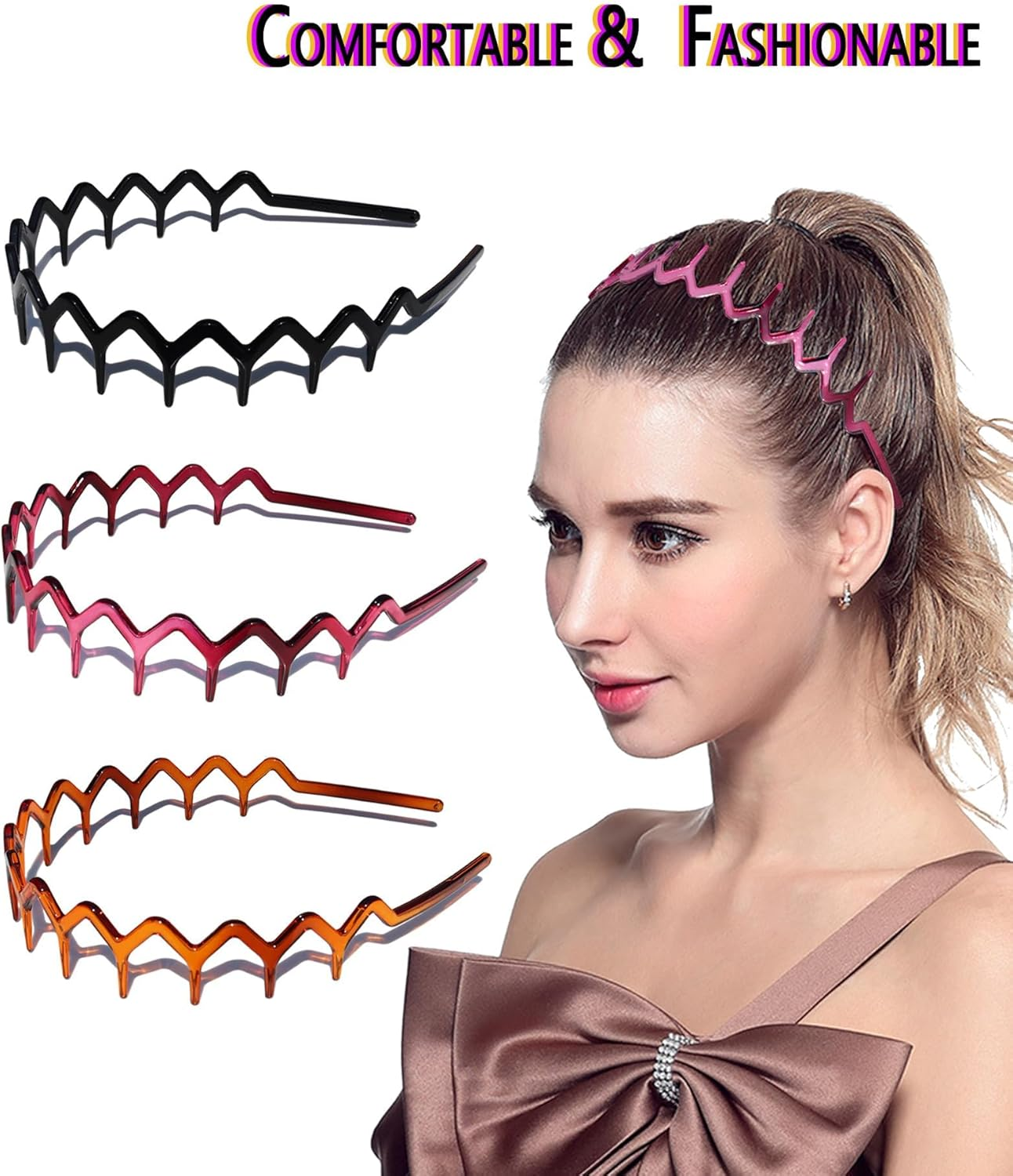 3 Piece Zigzag Hair Comb Set - Plastic Shark Tooth Hair Brush, Headband, 90S Style (1 Black + 1 Brown + 1 Purple) image number 1