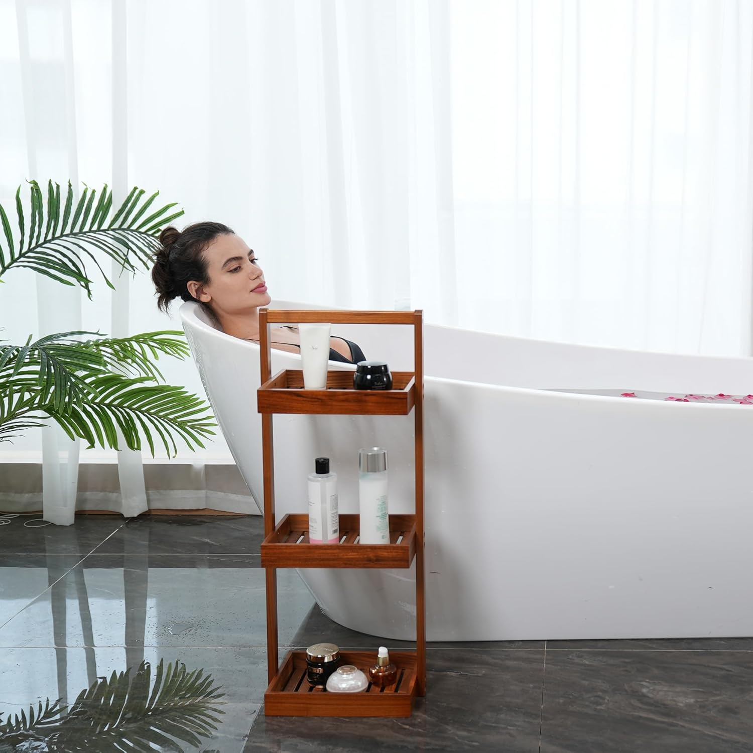 Utoplike Teak Shower Caddy Corner, 3 Tier Standing Shower Organizer Shelf with Handle, Wood Bathroom Stand up Caddy Basket for Shampoo, Rack for inside Shower, Bath, Office, Kitchen Desktop image number 3