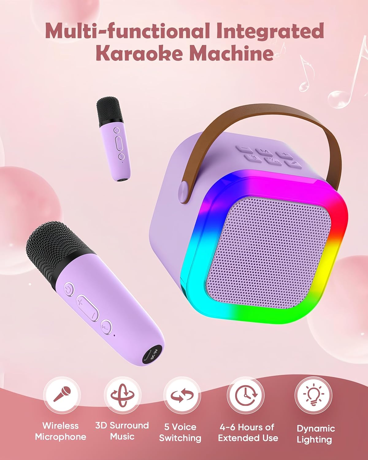 Mini Karaoke Machine Speaker for Kids Adults, Toys for Girls Boys Friends Age 3-12+, Birthday Gifts Portable Bluetooth Speaker with 2 Wireless Mics for 5 6 7 8 9 10 11 Years Teens Girl Boys (Purple) image number 6