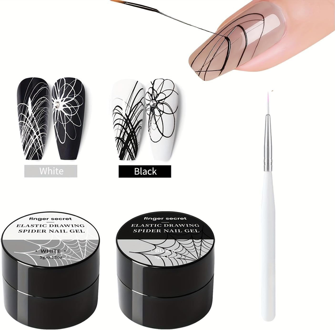 Finger Secret Spider Nail Gel 5G/0.18Oz,2Colors Nail Spider Gel,Spider Web Gel Nail Art,Spider Gel Drawing Gel Nail Polish Set Nail Art Wire Drawing Gel for Line with Nail Art Brushes (White Black) - 6Colors image number 3