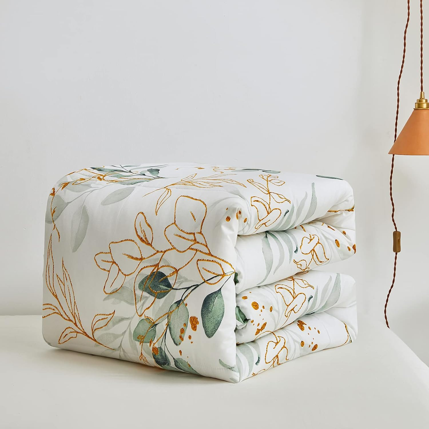 Joyreap 3Pcs Botanical Comforter Set King, Green N Golden Leaves on White Reversible Design, Smooth Soft Microfiber Bedding Comforter Set for All Season, 1 Comforter N 2 Pillow Shams, 102X90 Inches image number 1