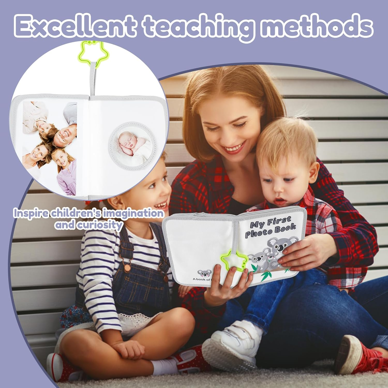 Djapwpx-Soft Cloth Photo Book, Cloth My First Photo Book, Free Illustration Baby Photo Album with Plastic Star Hook, inside Smooth Page First Year Memory Album, Safe Photo Album for Baby (Grey) - Blue image number 3