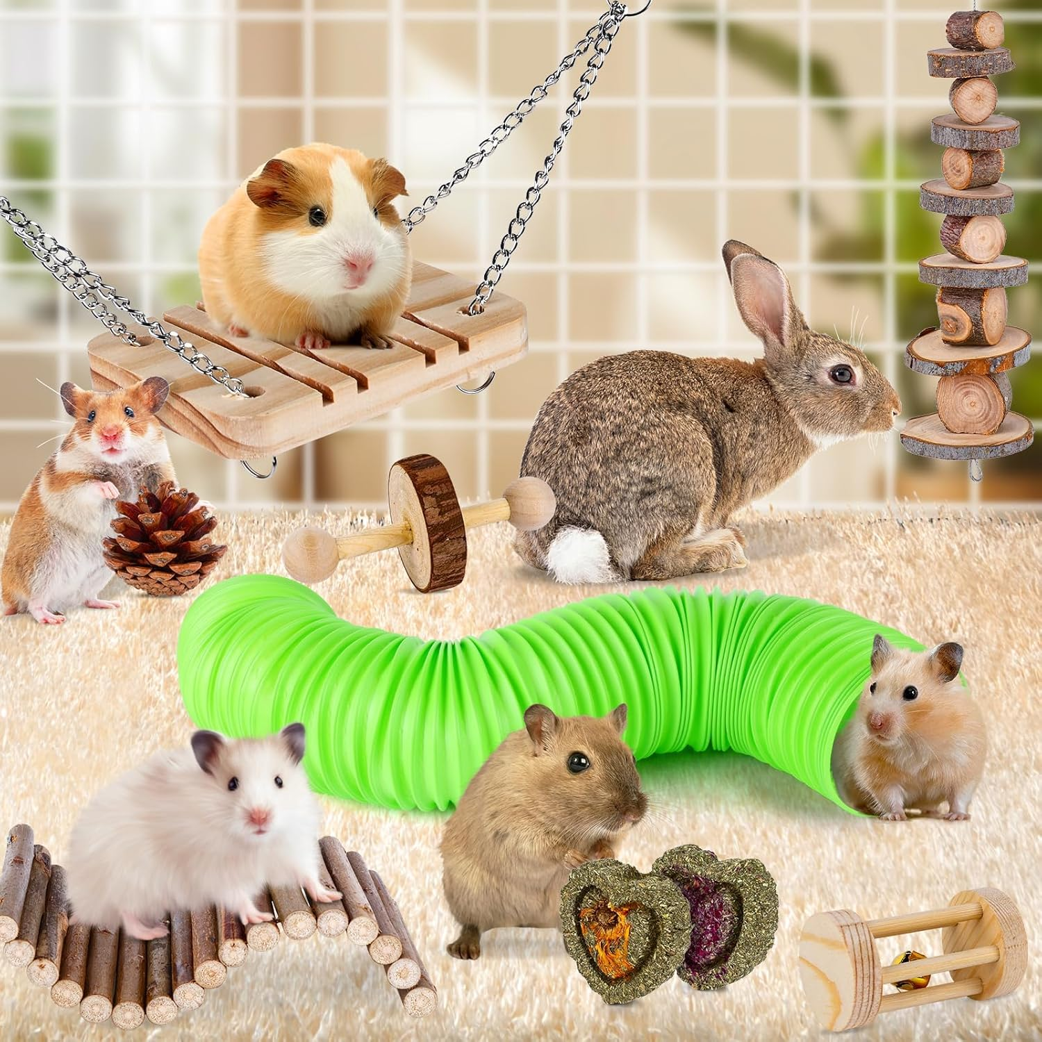 Hamster Toys Set, Guinea Pig Toys Rabbit Toys Small Animal Chewing Toy and Rat Cage Accessories, Chinchillas, Gerbils, Rats, Rabbit Rodents Teeth Care, Toy Swing Seesaw Bridge Guinea Pig Tunnel image number 3