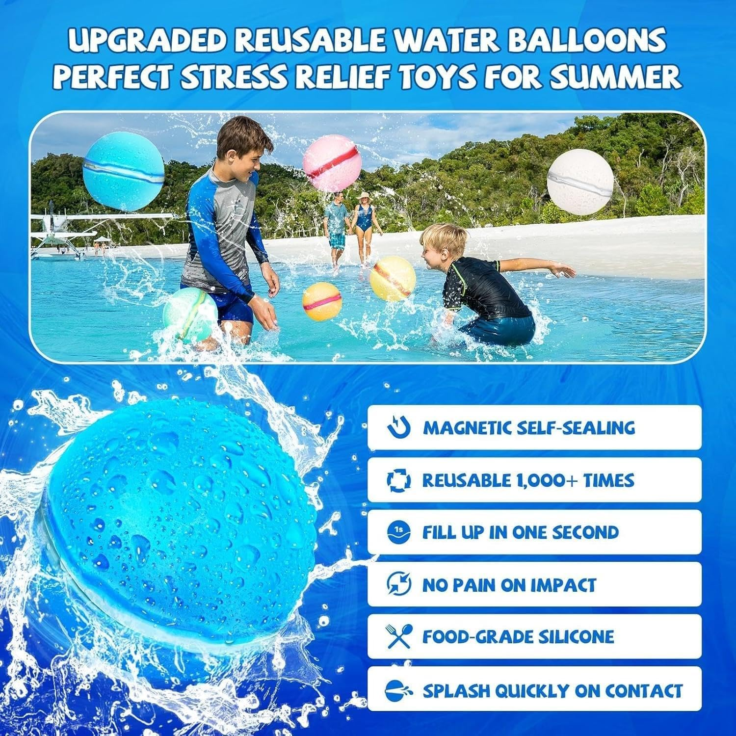 12Pcs Reusable Water Balloons with Mesh Bag, Latex-Free Quick Self-Sealing Water Balloons for Kids & Adults Water Games, Pool Toy, Bath Toy, Summer Party Supplies