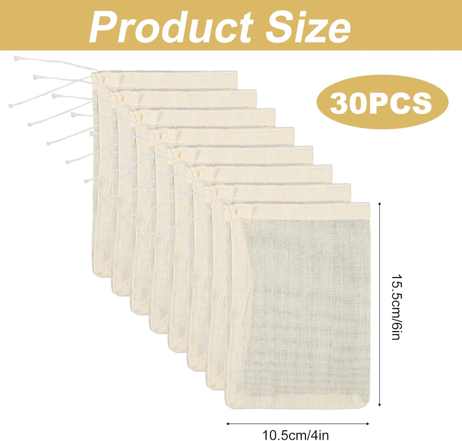 30Pcs Spice Bags for Cooking, 6X4 Inch Reusable Cotton Drawstring Soup Bags Tea Filter Bags Cheesecloth Bags Muslin Bags for Cooking image number 3