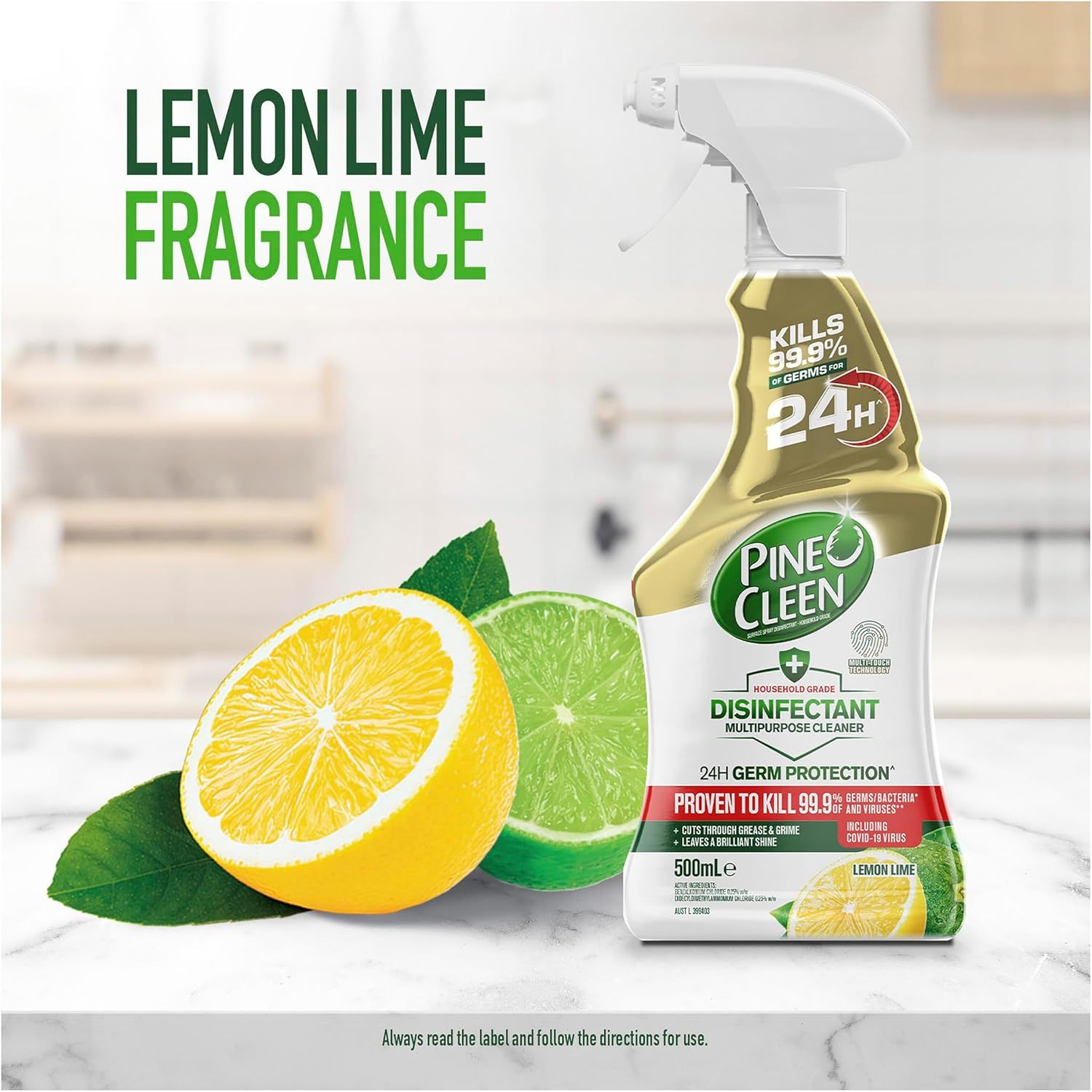 Pine O Cleen 24H Germ Protection Disinfectant Biodegradable Lemon Lime Multipurpose Cleaner 500 Ml (Pack of 2) image number 1