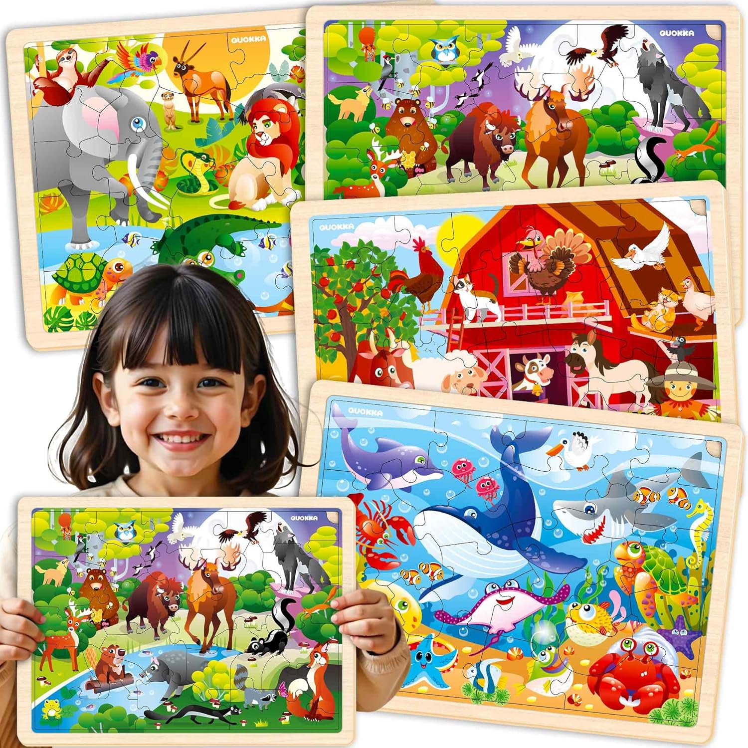 QUOKKA 4SET Puzzles for Kids Ages 4-6 - 48 Pcs Wooden Toddler Realistic Montessori Puzzles Ages 3-5 - Wild Animals Africa Ocean Farm Learning Games for Boys and Girls 4-8 Year Olds