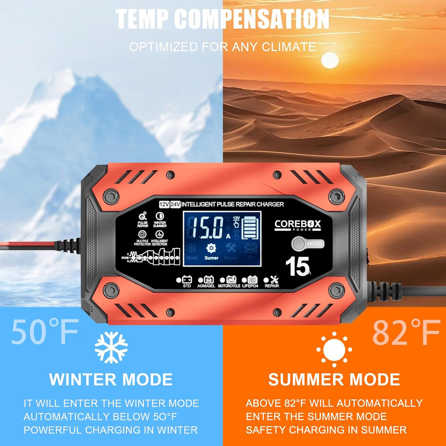 B-Qtech Car Battery Charger 15-Amp 12V/24V, Smart Trickle Charger for Car, Battery Maintainer Trickle Charger, Automotive Battery Charger with Temperature Compensation for Truck Motorcycle Lawn Mower image number 6