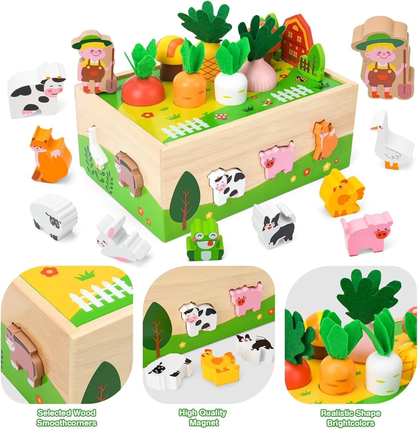 Toddler Montessori Toys Age 1-3, Wooden Educational Farm Play Set, Catching & Shape Sorting Car, Birthday 1 2 Year Old Boys Girls image number 5