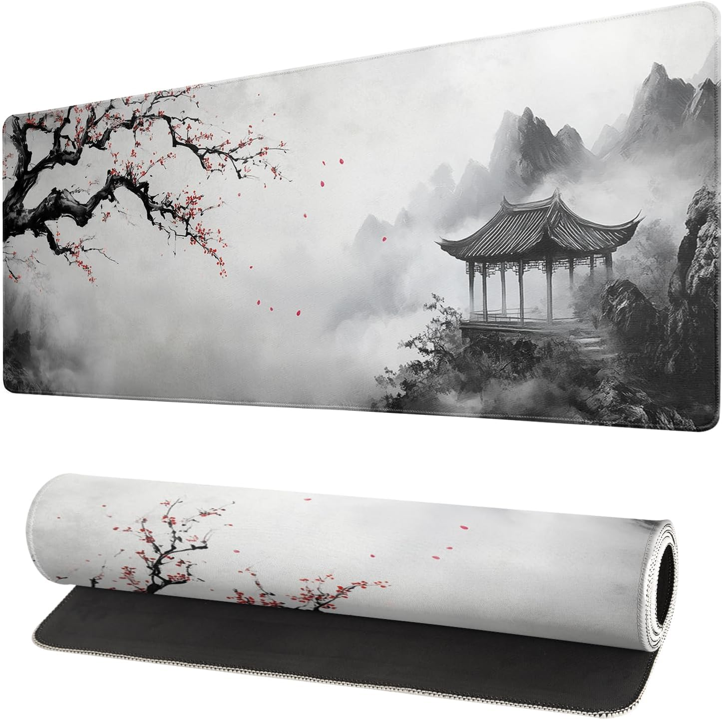 Watercolor Cherry Blossom Mouse Pad 31.5X11.8 Inch Pink Full Desk Japanese Sakura Mousepad Extended Large Non-Slip Rubber Base Waterproof Big Keyboard Mat with Stitched Edges for Gaming and Office