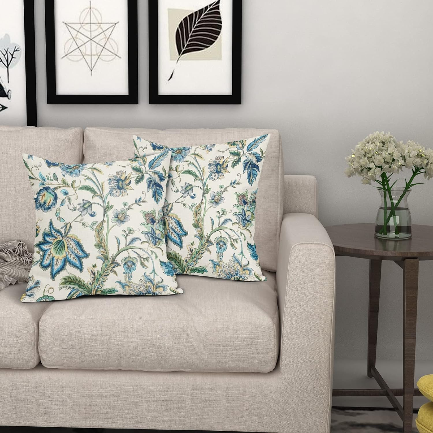 Sweetshow Chinoiserie Outdoor Pillow Covers 16X16 Inch Pack of 2 Boho Blue Floral Pillow Covers Vintage Farmhouse Outdoor Pillowcase Square Linen Cushion Cover for Bedroom Sofa Couch Home Decor image number 4