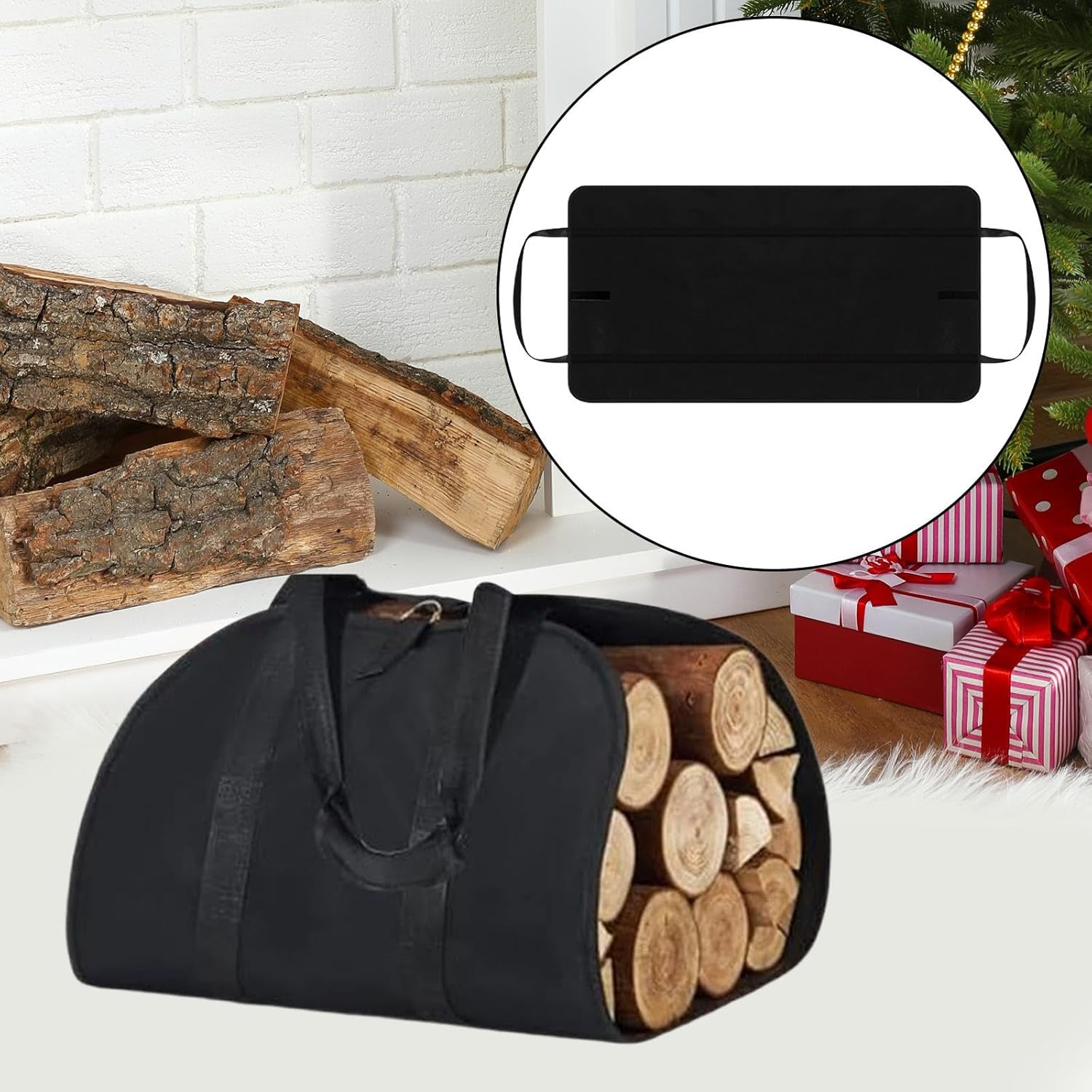 Firewood Carrier Bag, Convenient Storage Bag for Firewood for Barbecues and Camping, Black, as Described - Black image number 5