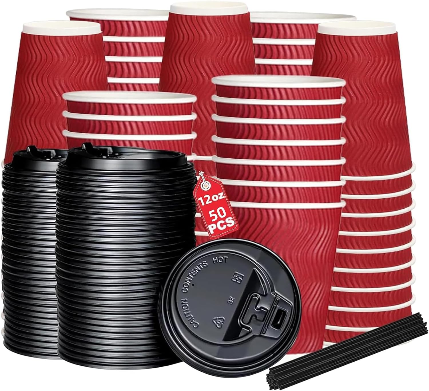 TNGAMFGT 12Oz Ripple Wall Paper Cups,100 Pcs Disposable Paper Coffee Cups with Lids,Hot Drinks, Cold Drinks, Juice Tea，Ideal for Home, Parties, Weddings（12Oz，100 Pack，Black）