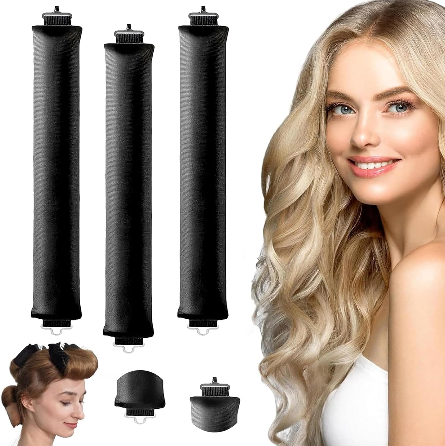 Heatless Curls Band, Pack of 3, Overnight Blowout Curls without Heat, DIY Overnight Curls, Rubber, Heat-Free Curls Overnight for Medium Long Hair (Black)