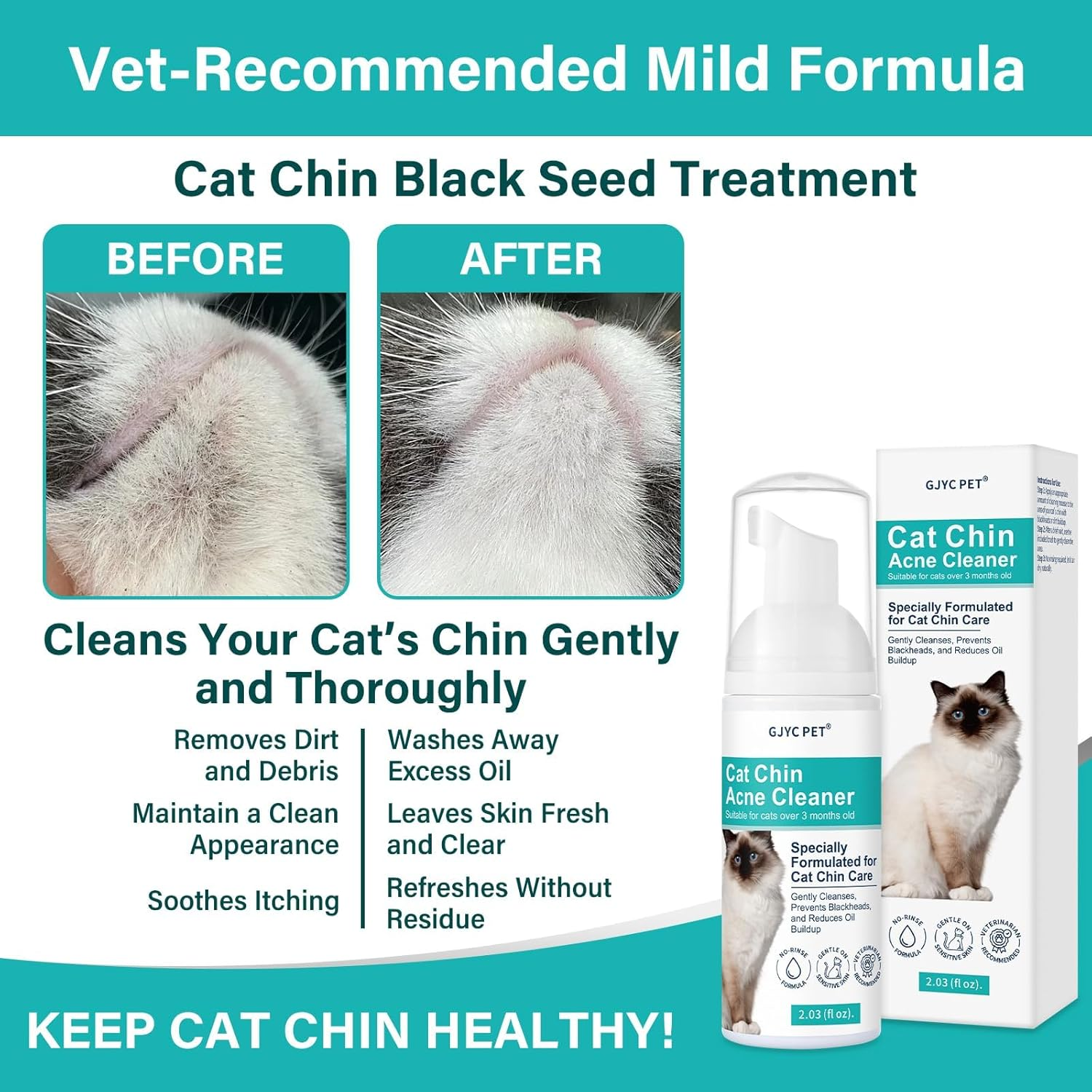 Cat Chin Acne Cleaner - No-Rinsing Blackhead & Pimple Solution with Applicator Brush, Mild Formula for Feline, Safe for Sensitive Skin (2 Fl. Oz) image number 6