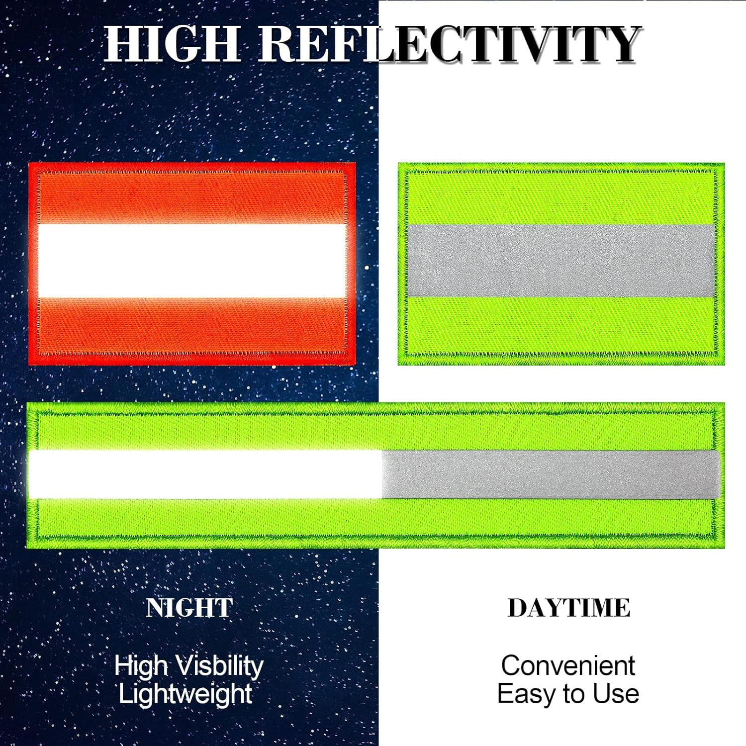 Juinte 8-Piece Reflective Safety Patch Set with Dual Sizes - for Night Workers, Firefighters & Dog Tactical Undershirts, Compatible with Sportswear/Rain Jackets/Police Rescue Gear(Green Orange) image number 2