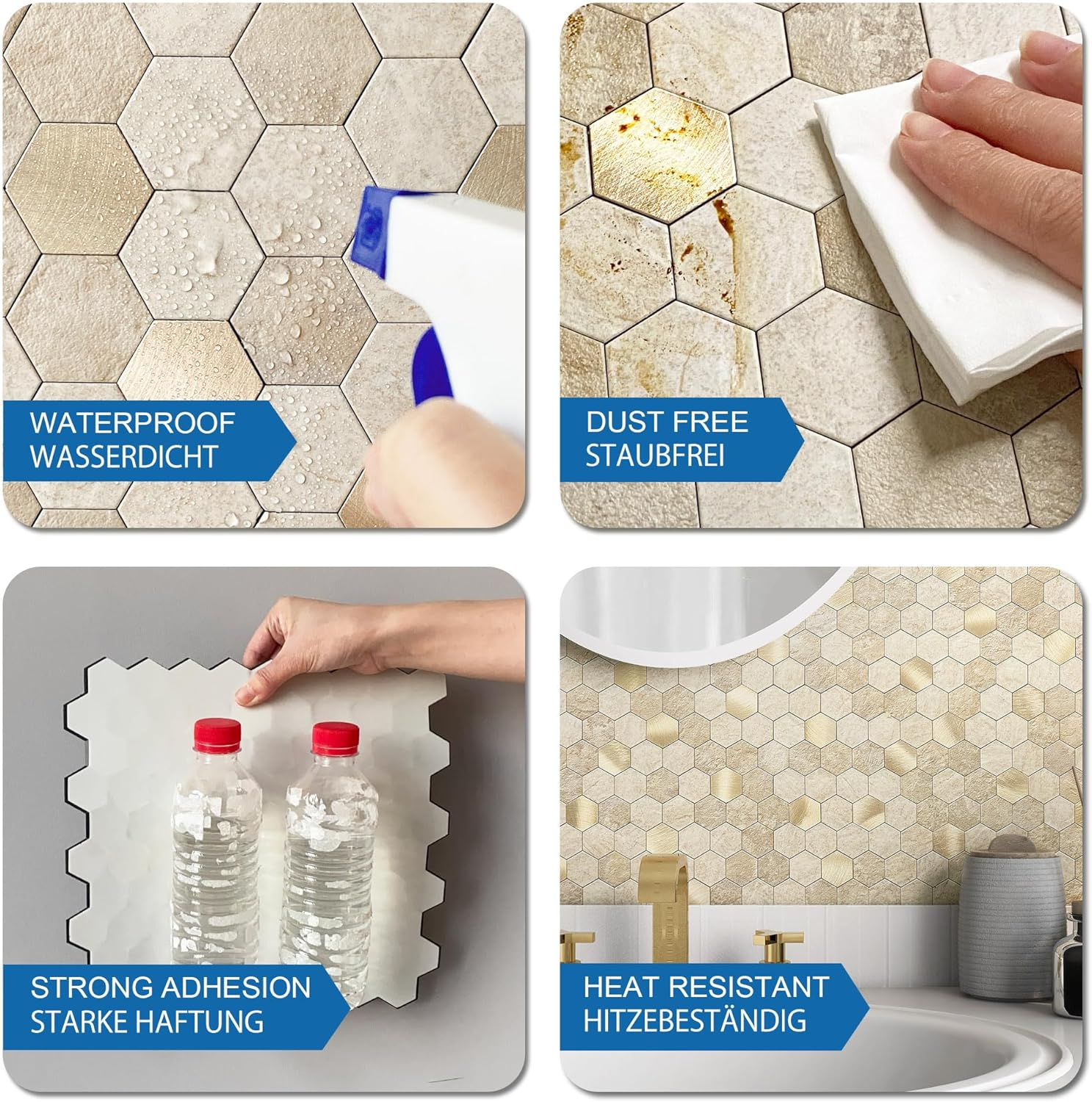 MOFIT Hexagon Peel and Stick Backsplash Tiles Kitchen,Self-Adhesive Metal and Marble Honeycomb Peel and Stick Wall Tiles Sticker Mosaic Heat Resistant(Beige,10Sheets) image number 1