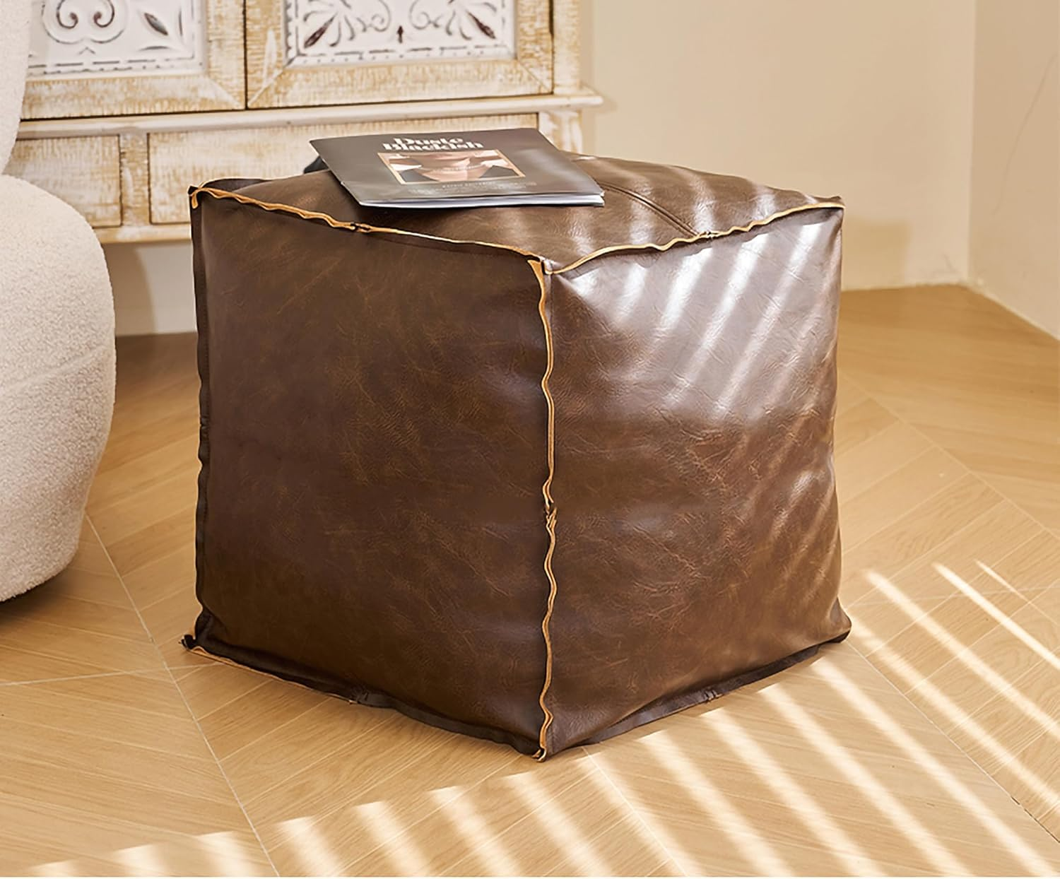 Unstuffed Pouf Ottoman Cover - Faux Leather Storage Pouffe Covers, Floor Cushion Footrest Seat Cover, Waterproof Square 41X41X38Cm (Cover Only) - Brown image number 3