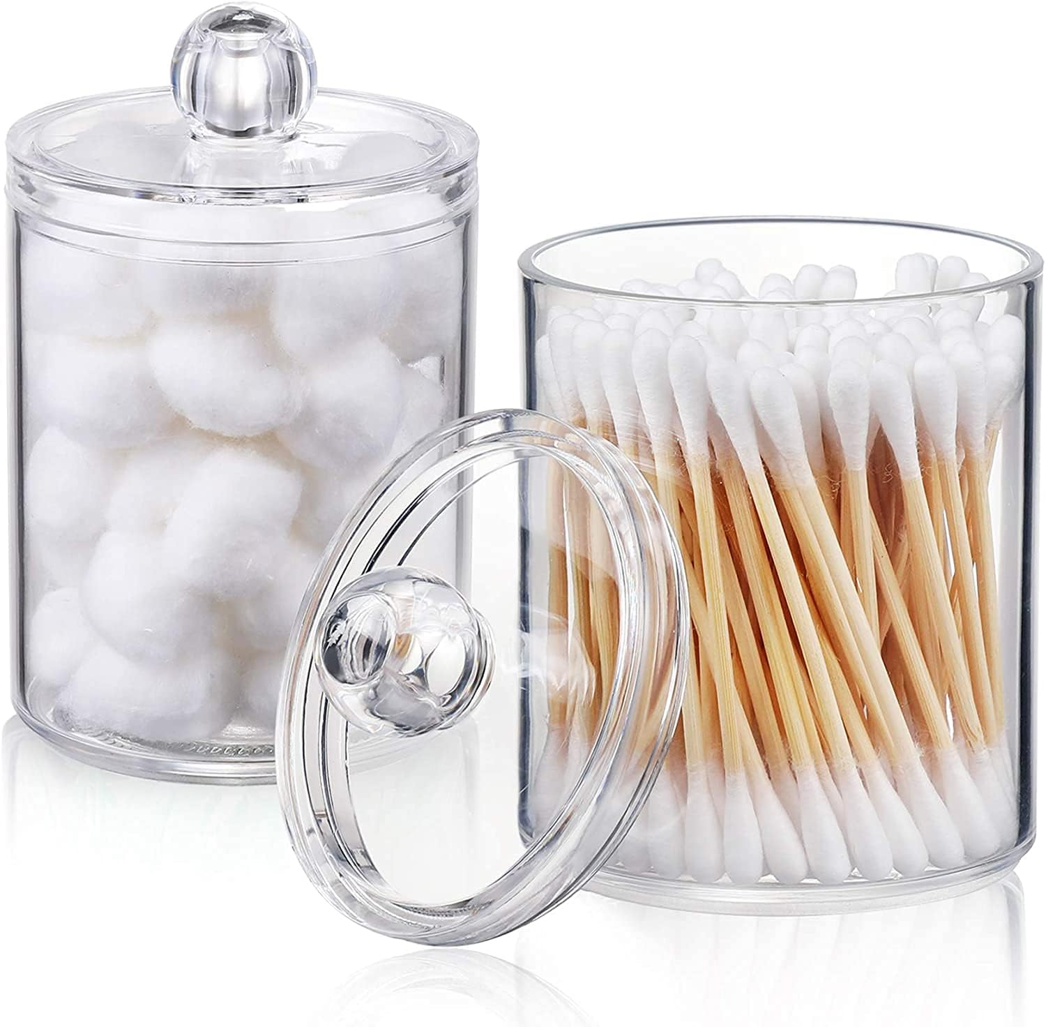 AOZITA 2 Pack Qtip Holder Dispenser for Cotton Ball, Cotton Swab, Cotton round Pads, Floss - 10 Oz Clear Plastic Apothecary Jar Set for Bathroom Canister Storage Organization, Vanity Makeup Organizer image number 5
