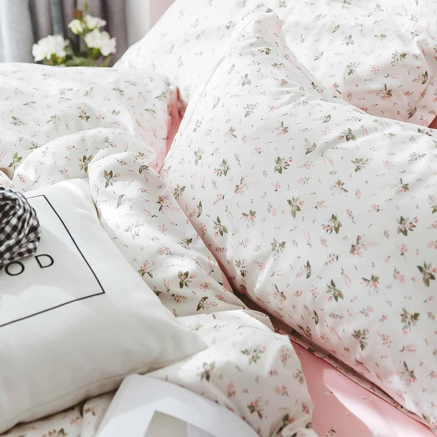 Pink and White Duvet Cover Twin Size - 2 Pcs Floral Flower Leaf Pattern Printed Reversible Microfiber Comforter Cover Bedding Set - 68X90 Soft Aesthetic Cottage Preppy Bedroom Decor for Women Girls image number 5
