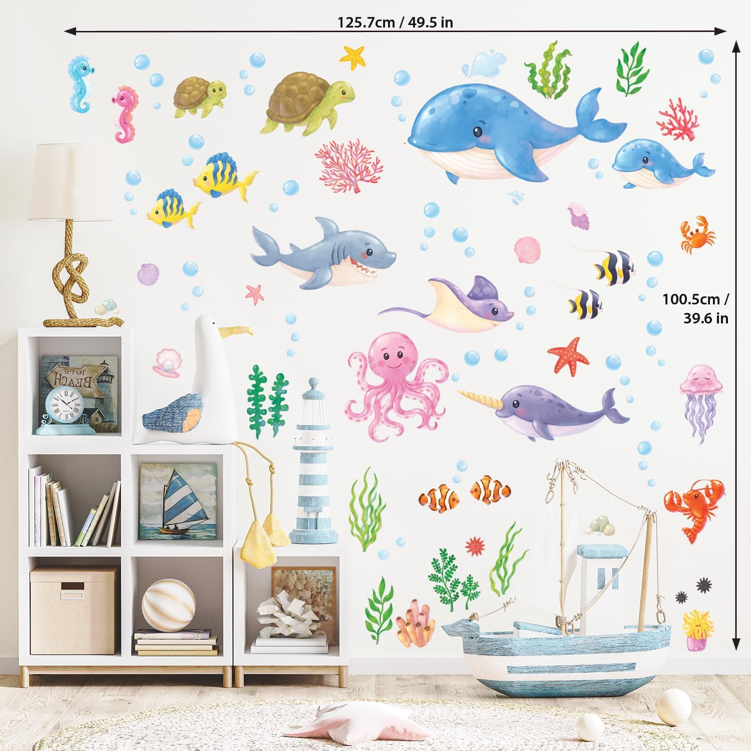 DECOWALL DS12-8081 under the Sea Wall Stickers Ocean Fish Seaweed Decals Turtle Jellyfish Removable Kids Baby Bedroom Nursery Art Home D&eacute;cor Bathroom Decoration Beach Seagrass Colorful Boys Girls image number 4