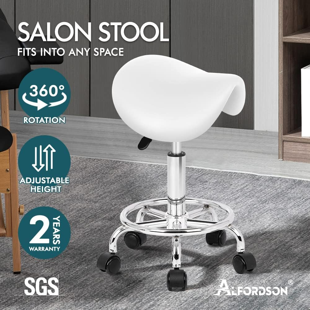 ALFORDSON Salon Stool Sierra Saddle Swivel Drafting Rolling Stools in 50-64.5Cm Height Adjustable PU Leather Spa Stool with Footrest Wheels Backless Hair Dress Barber Chair for SPA Massage White image number 1