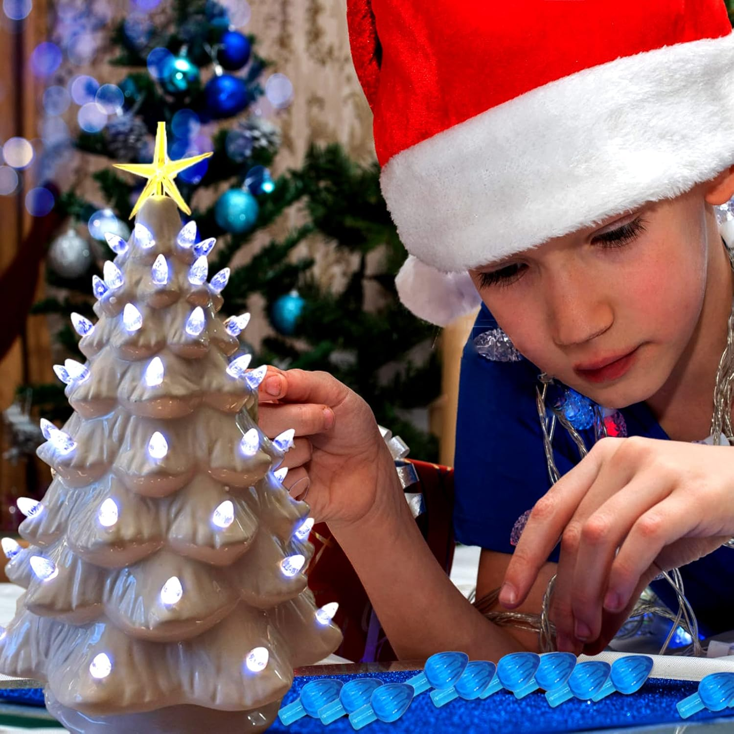 Ceramic Christmas Tree Replacement Lights Bulbs, Klein Blue Medium Twist Plastics Pegs Ornaments for Ceramic Tree(87 Bulbs＆ 3 Topper Star) - Gold image number 6