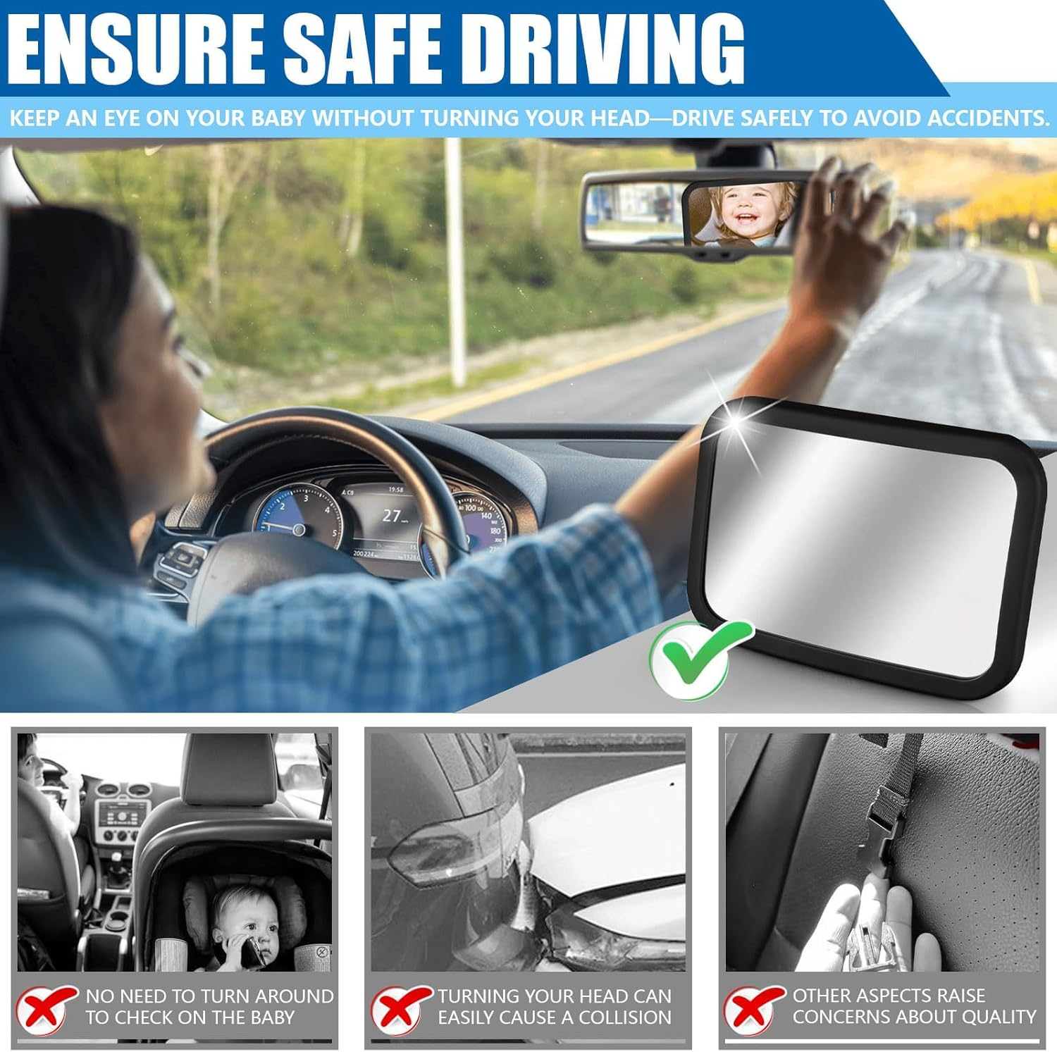Baby Car Mirror - 360&deg; Adjustable, Extra-Large Shatterproof,Wide Crystal Clear View for Rear Facing Car Seats, Crash-Tested & Universal Fit image number 5
